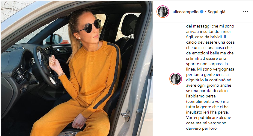 Notizie Juve, la risposta di Alice Campello agli insulti sui social.