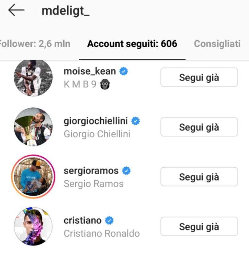 de-ligt segue i calciatori della Juve su Instagram