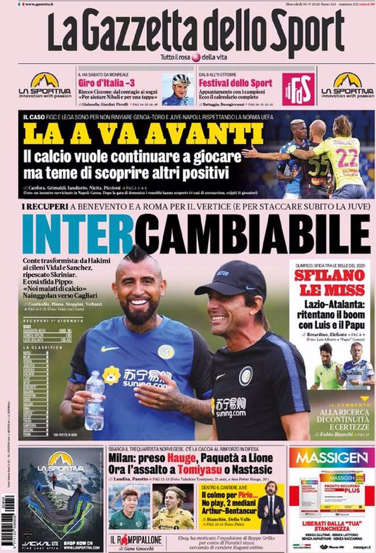 Prima pagina Gazzetta 30-09-2020