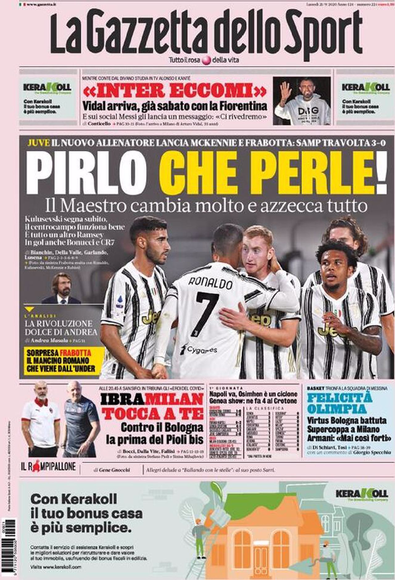 Prima pagina Gazzetta 21-09-2020