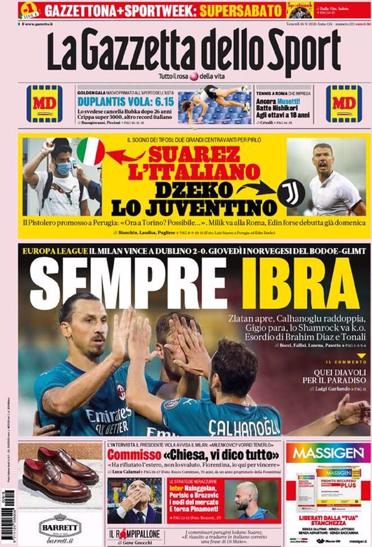 Prima pagina Gazzetta 18-09-2020