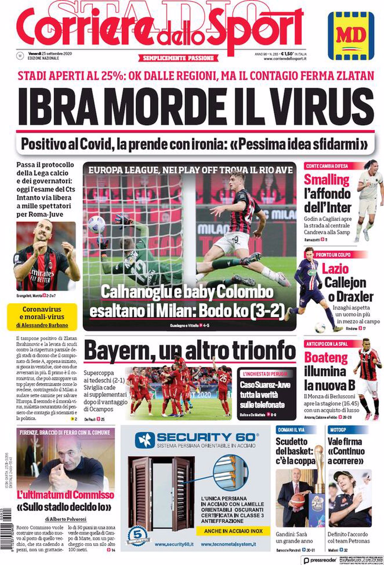 Prima pagina Corriere 25-09-2020