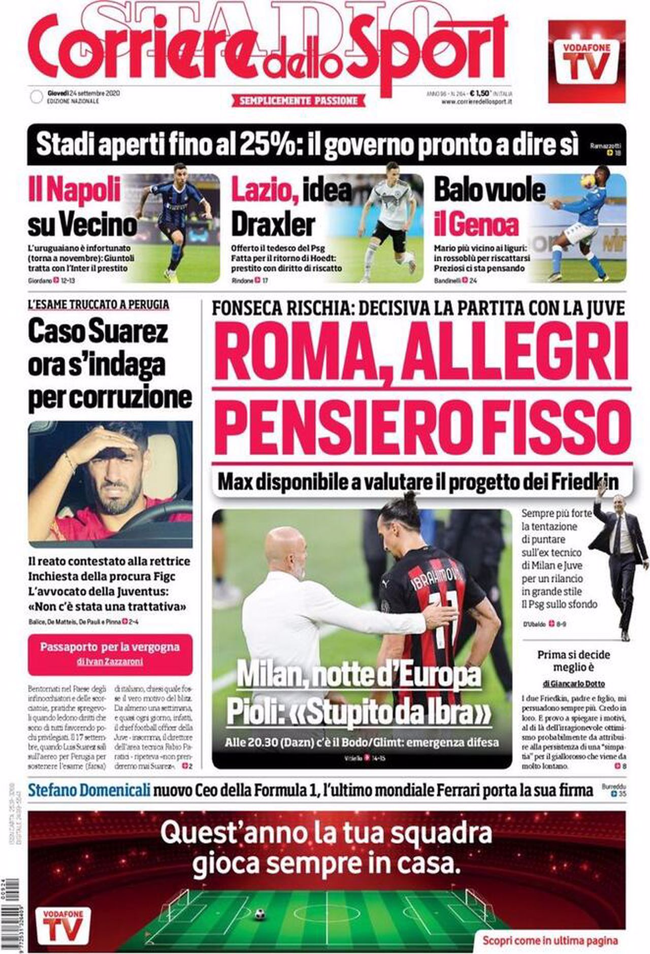 Prima pagina Corriere 24-09-2020