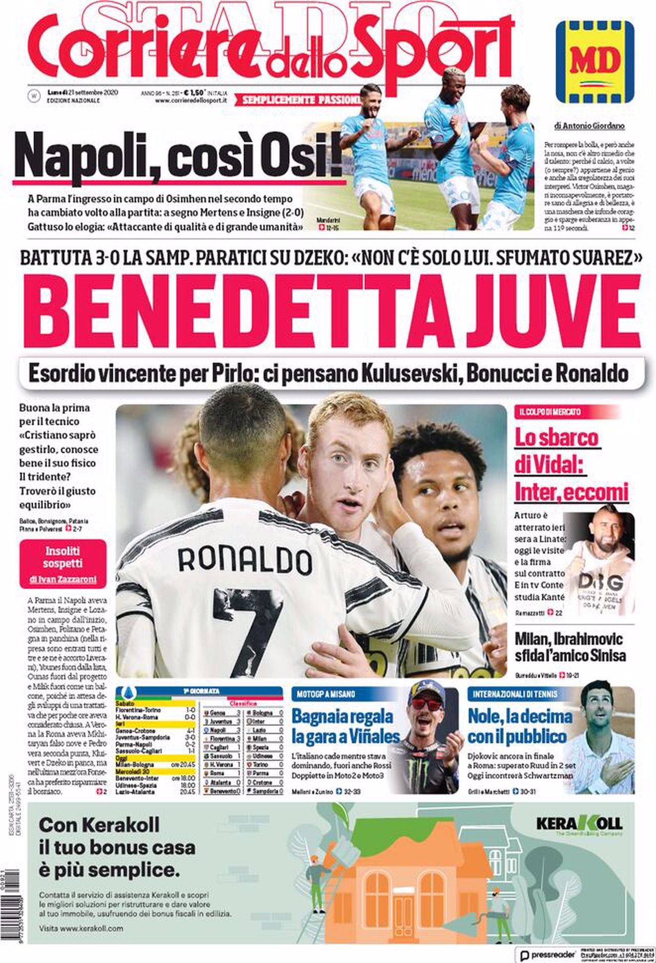 Prima pagina Corriere 21-09-2020