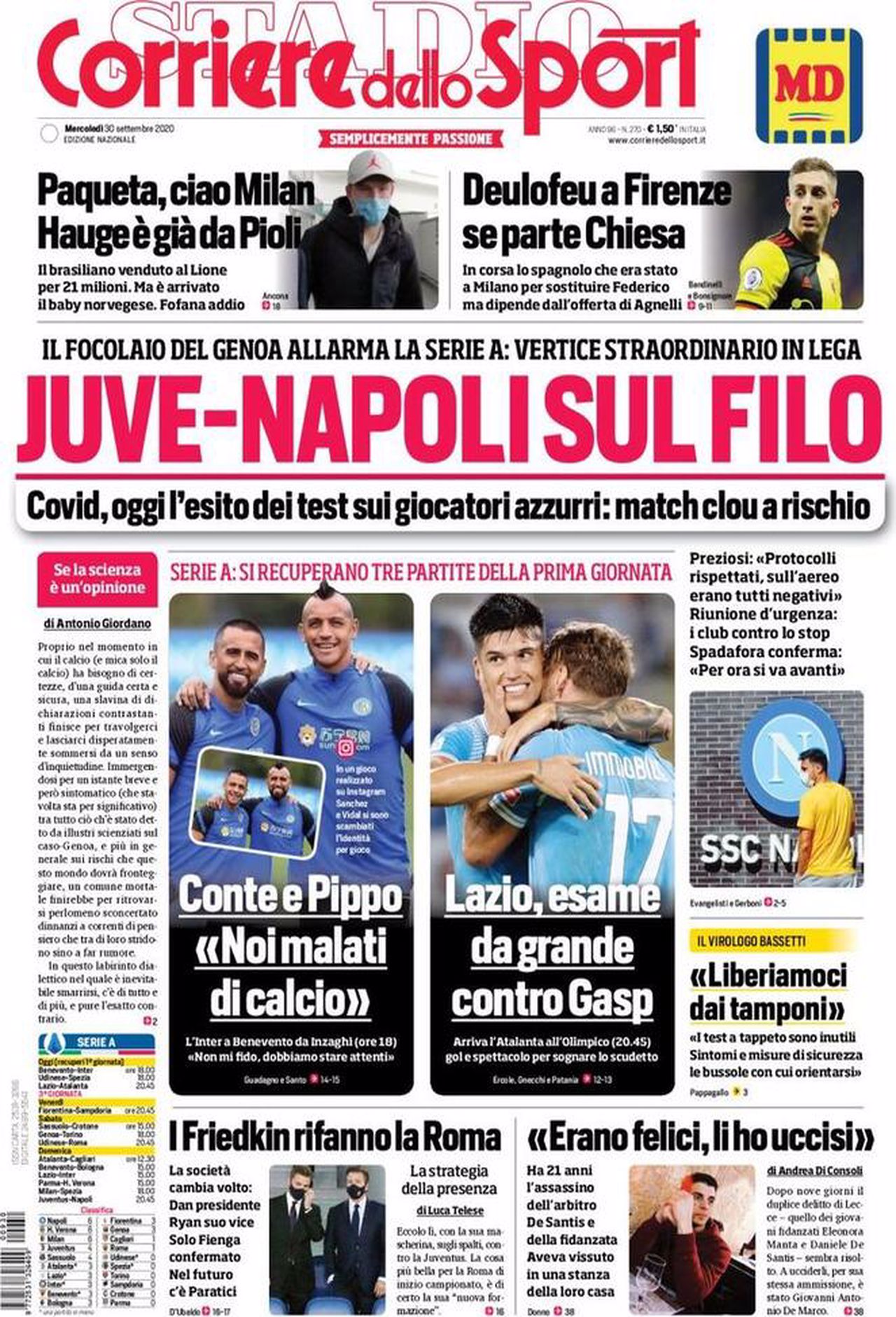 Prima pagina Corriere 30-09-2020