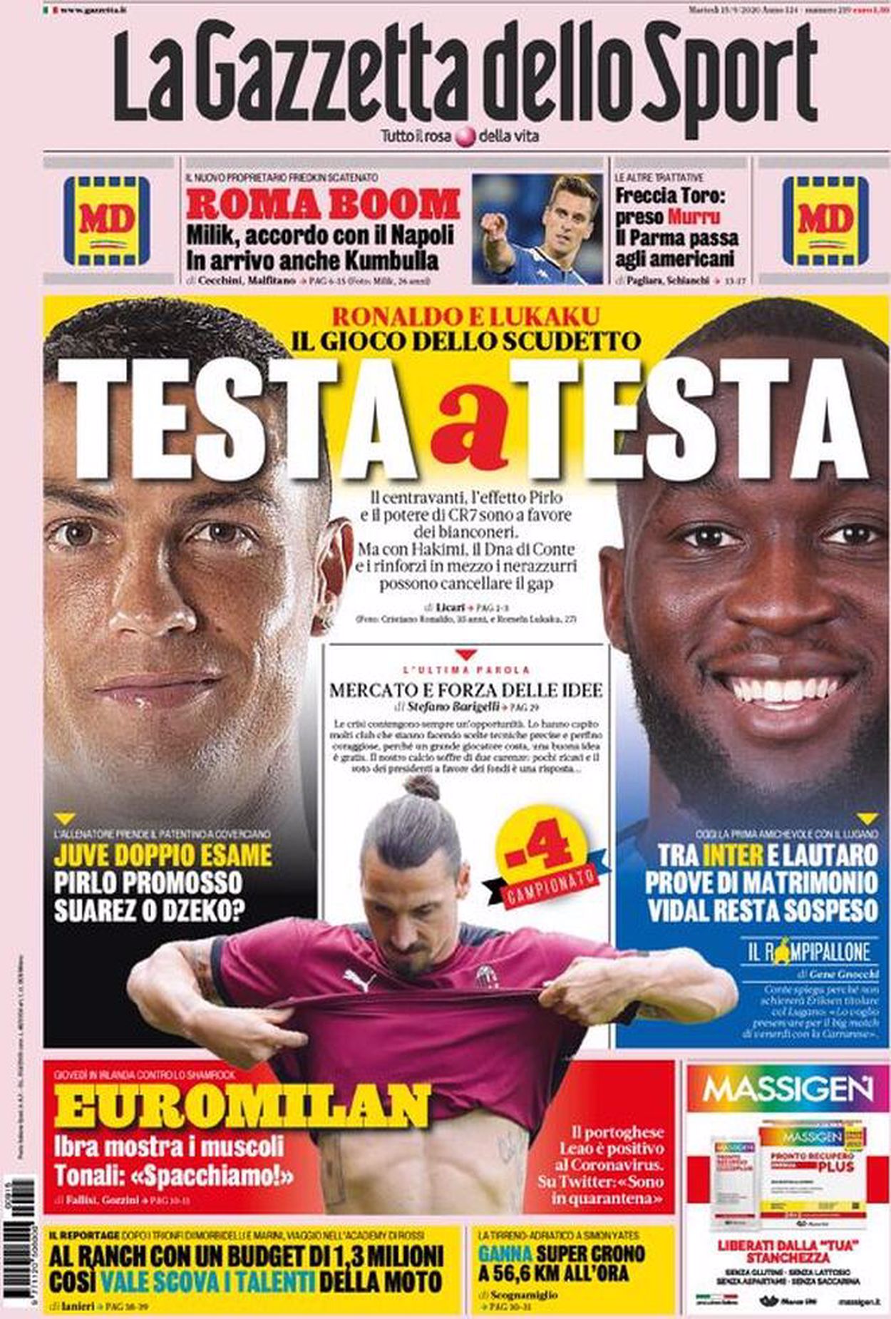 La prima pagina della Gazzetta Ronaldo e Lukaku, il gioco dello scudetto