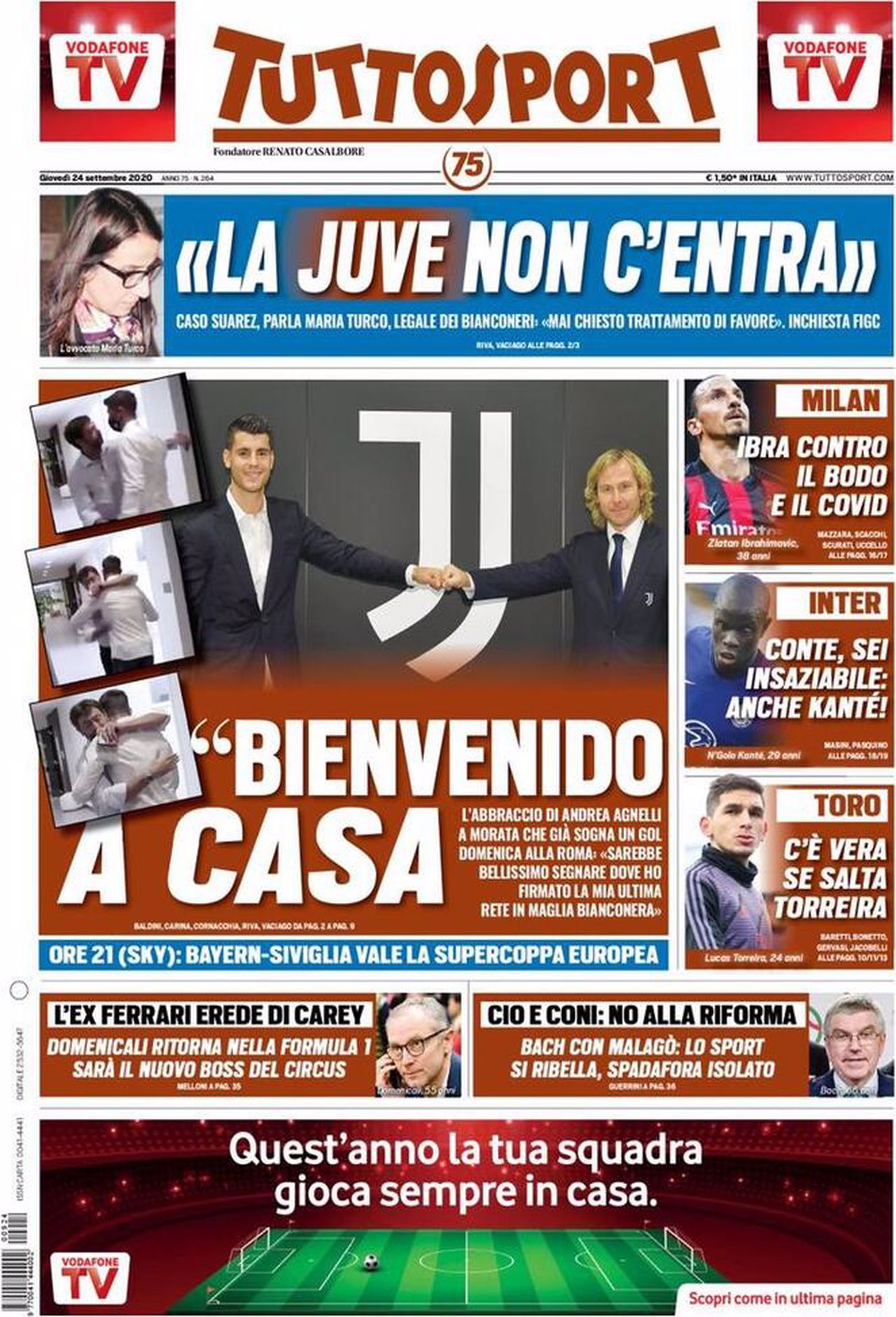 Prima pagina TuttoSport 24-09-2020