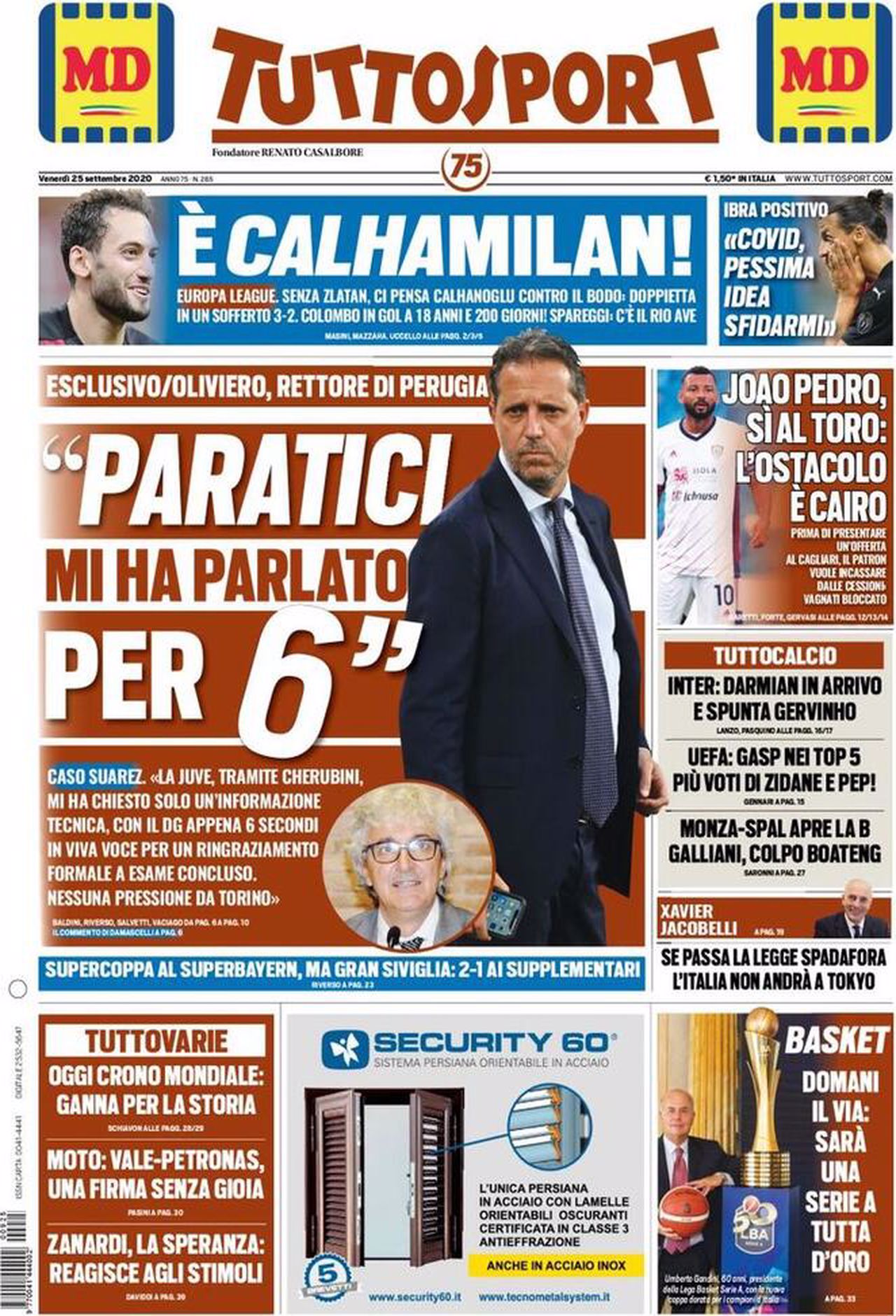 Prima pagina TuttoSport 25-09-2020