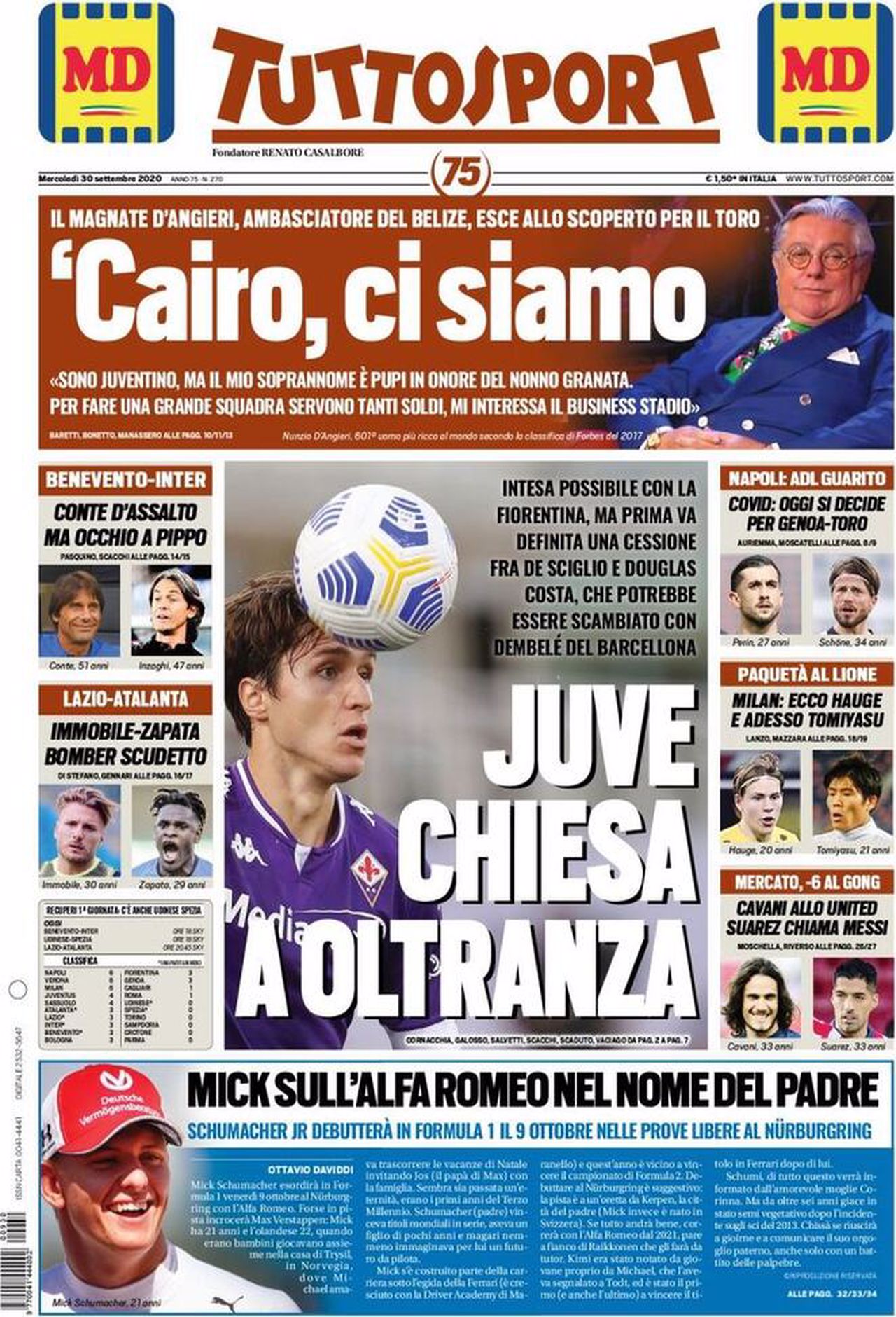 Prima pagina TuttoSport 30-09-2020