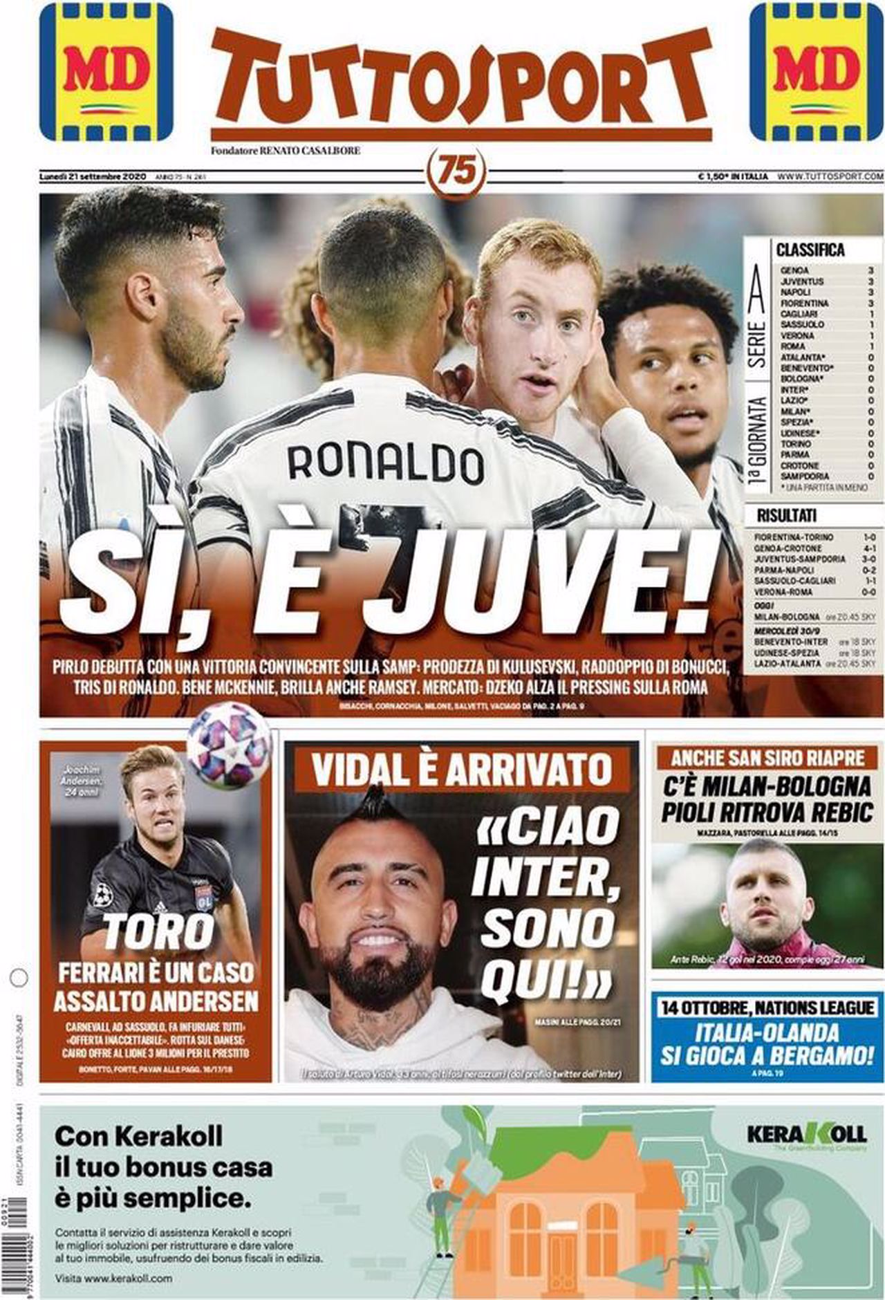 Prima pagina TuttoSport 21-09-2020