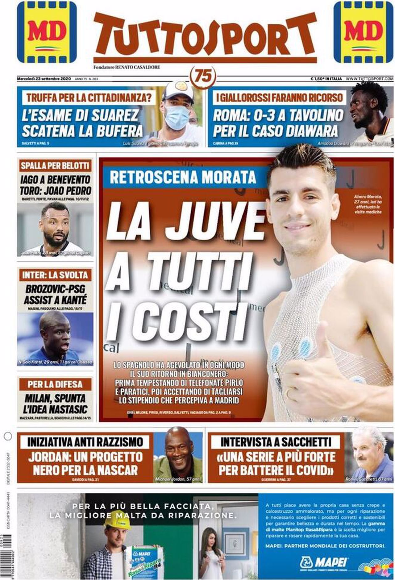 Prima pagina TuttoSport 23-09-2020