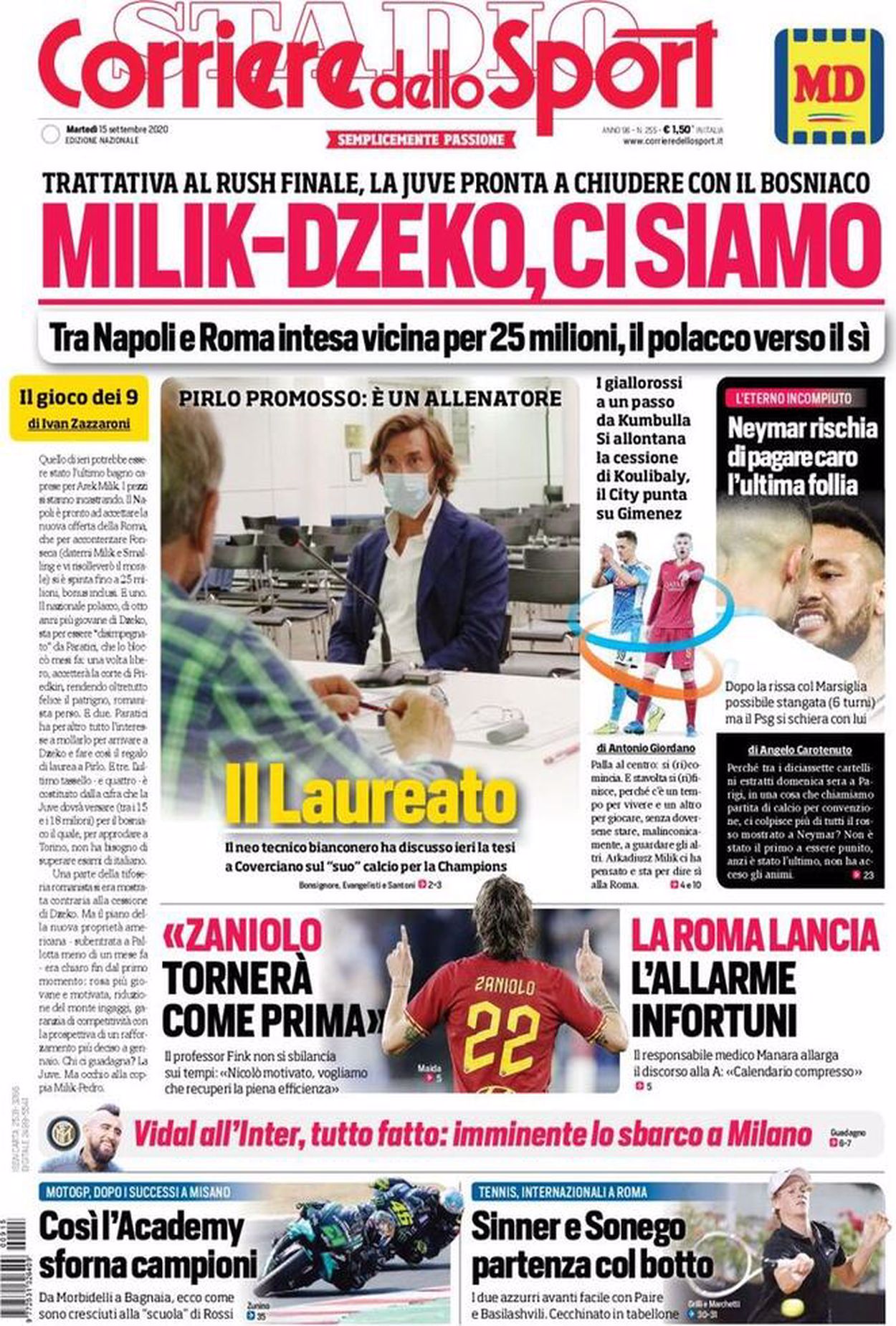 La prima pagina del Corriere Milik-Dzeko, ci siamo