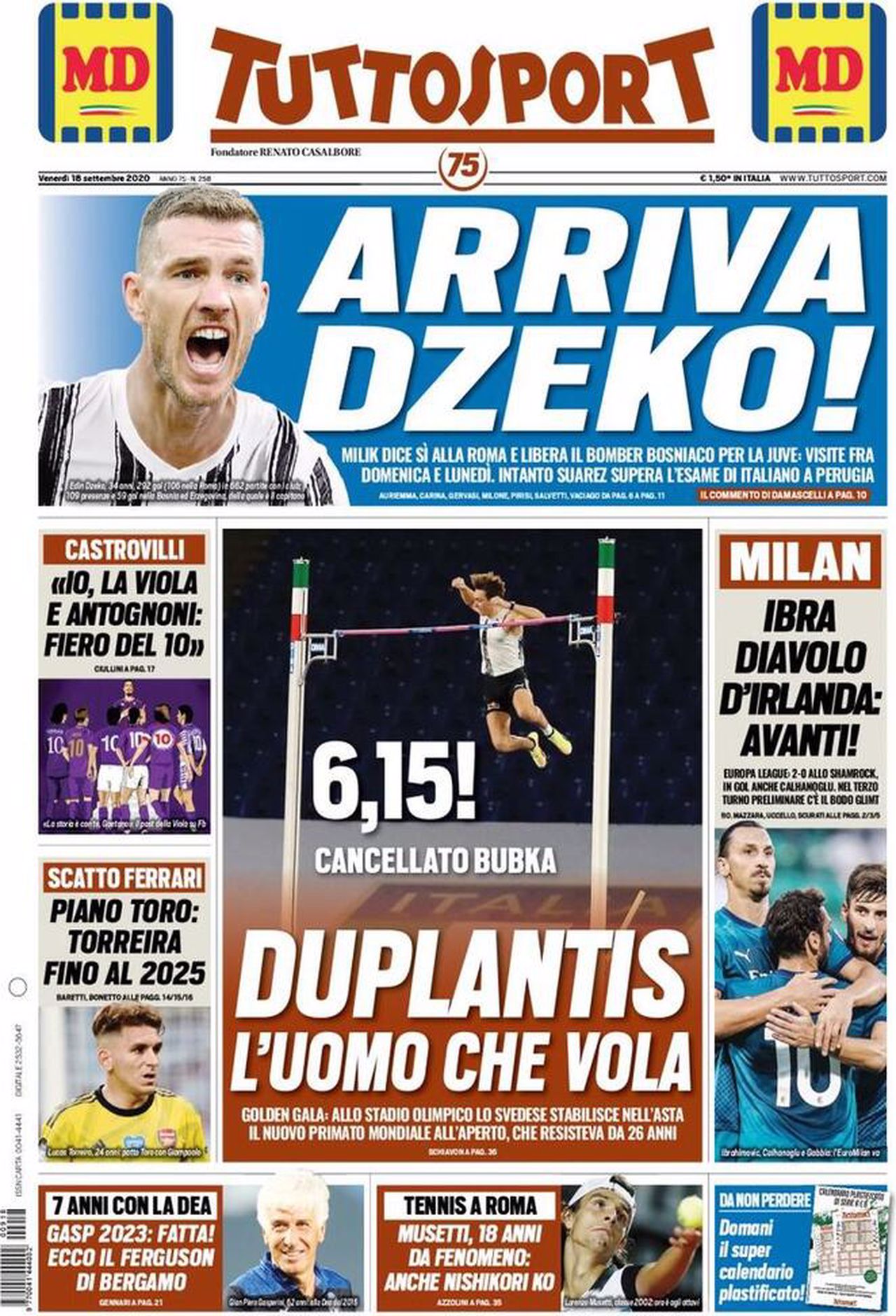 Prima pagina TuttoSport 18-09-2020