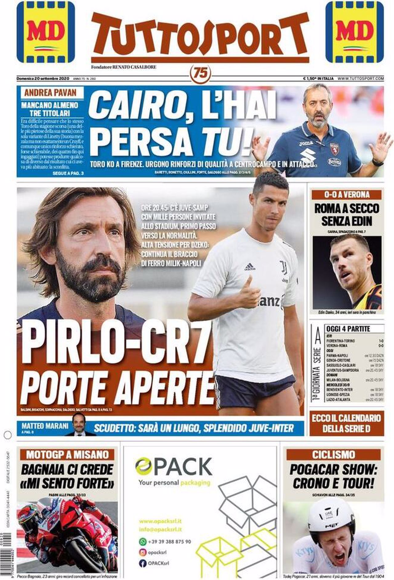 Prima pagina TuttoSport 20-09-2020