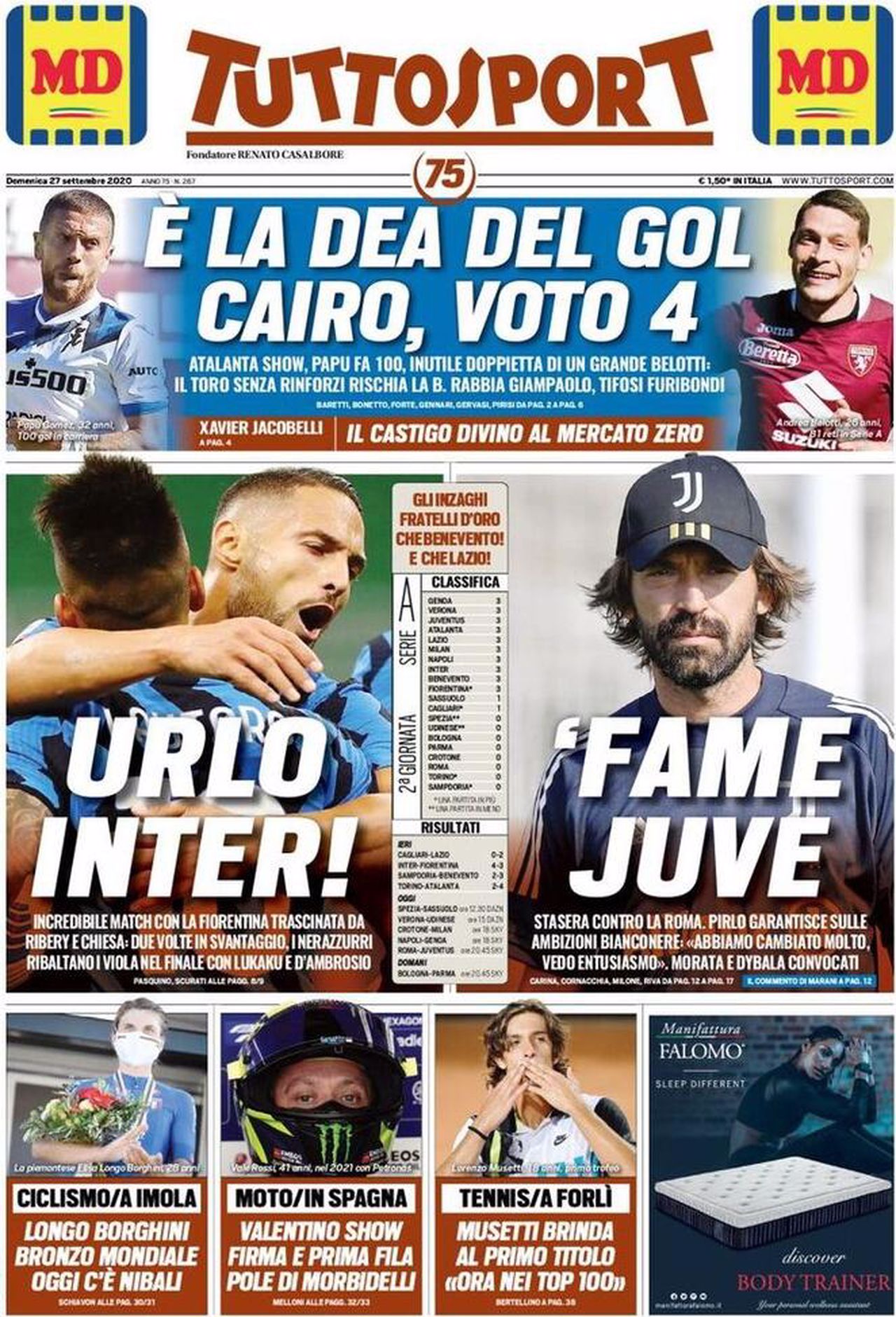 Prima pagina TuttoSport 27-09-2020