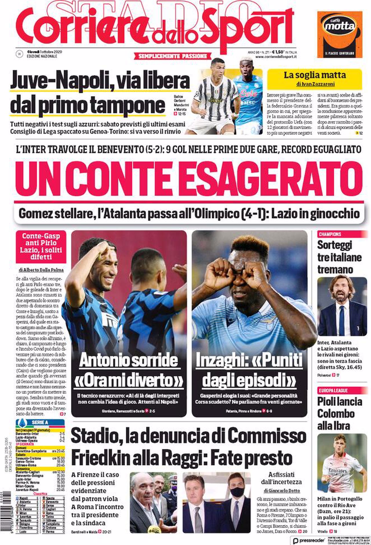 Prima pagina Corriere 1-10-2020