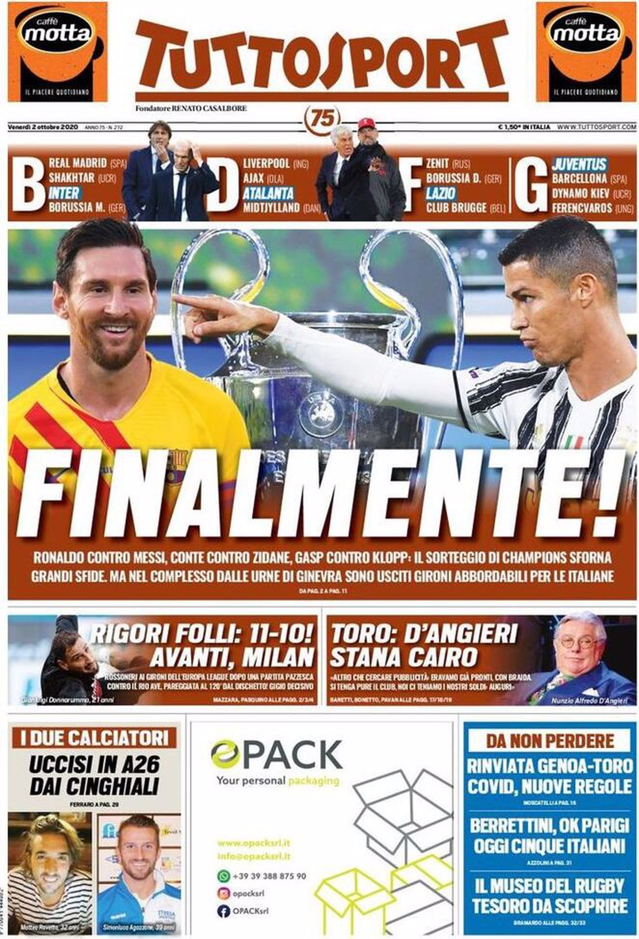 Prima pagina TuttoSport 02-10-2020