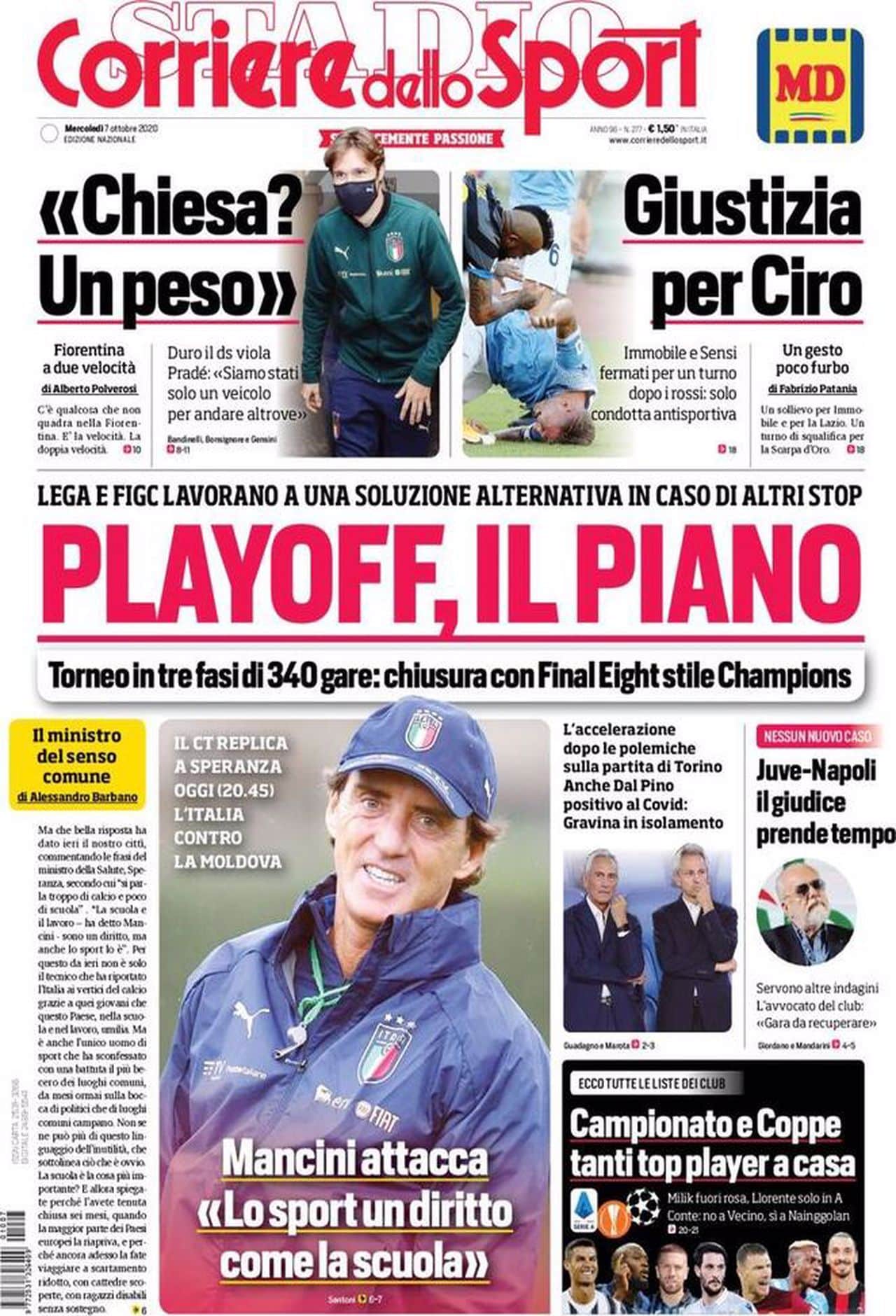 Prima pagina Corriere 07-10-2020