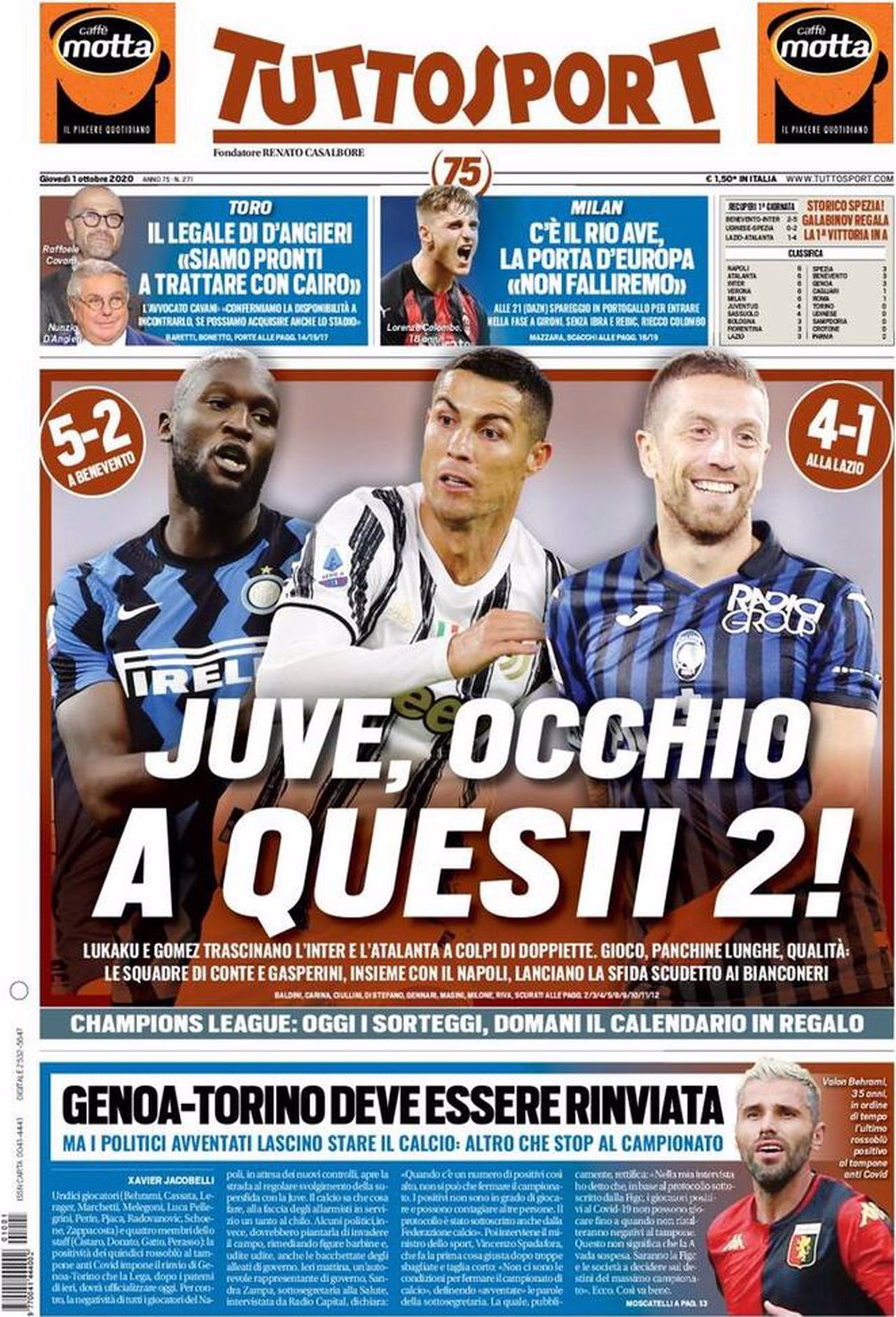 Prima pagina TuttoSport 1-10-2020