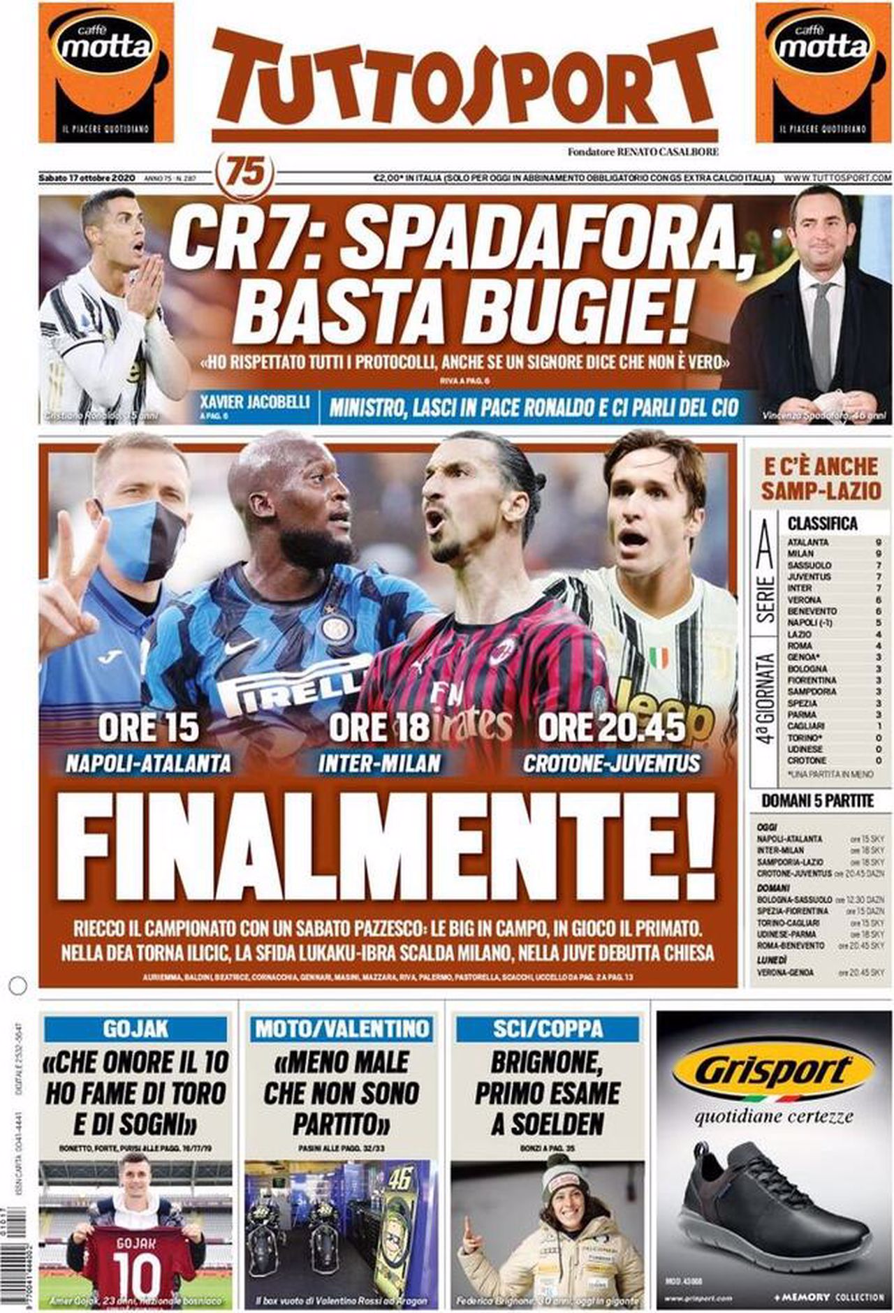 Prima pagina TuttoSport 17-10-2020