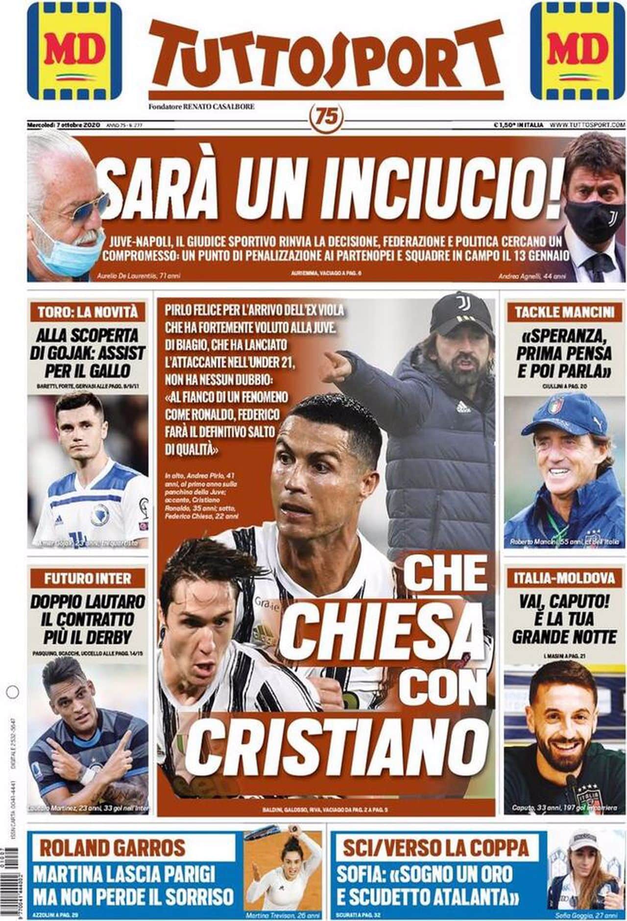 Prima pagina TuttoSport 07-10-2020