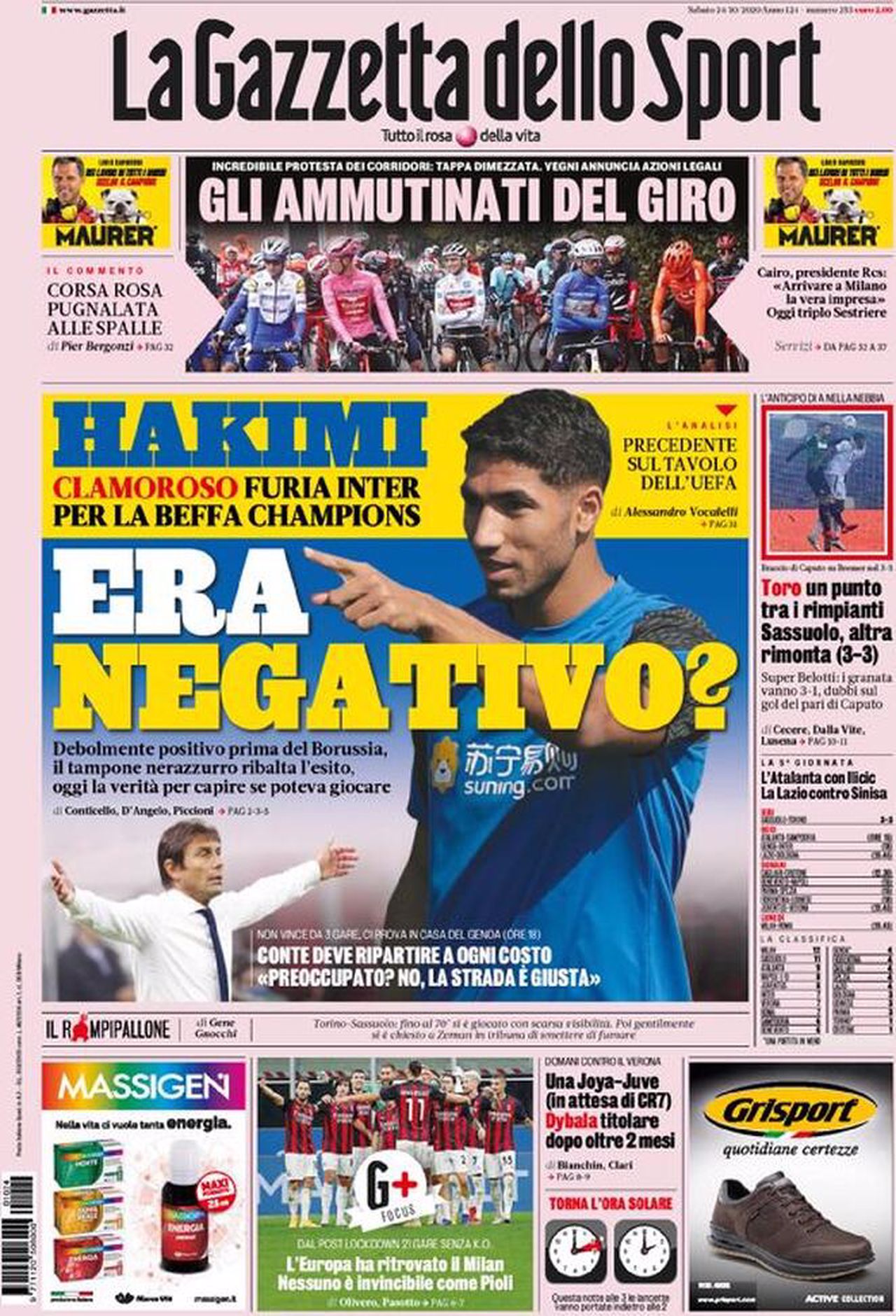 Prima pagina Gazzetta 24-10-2020