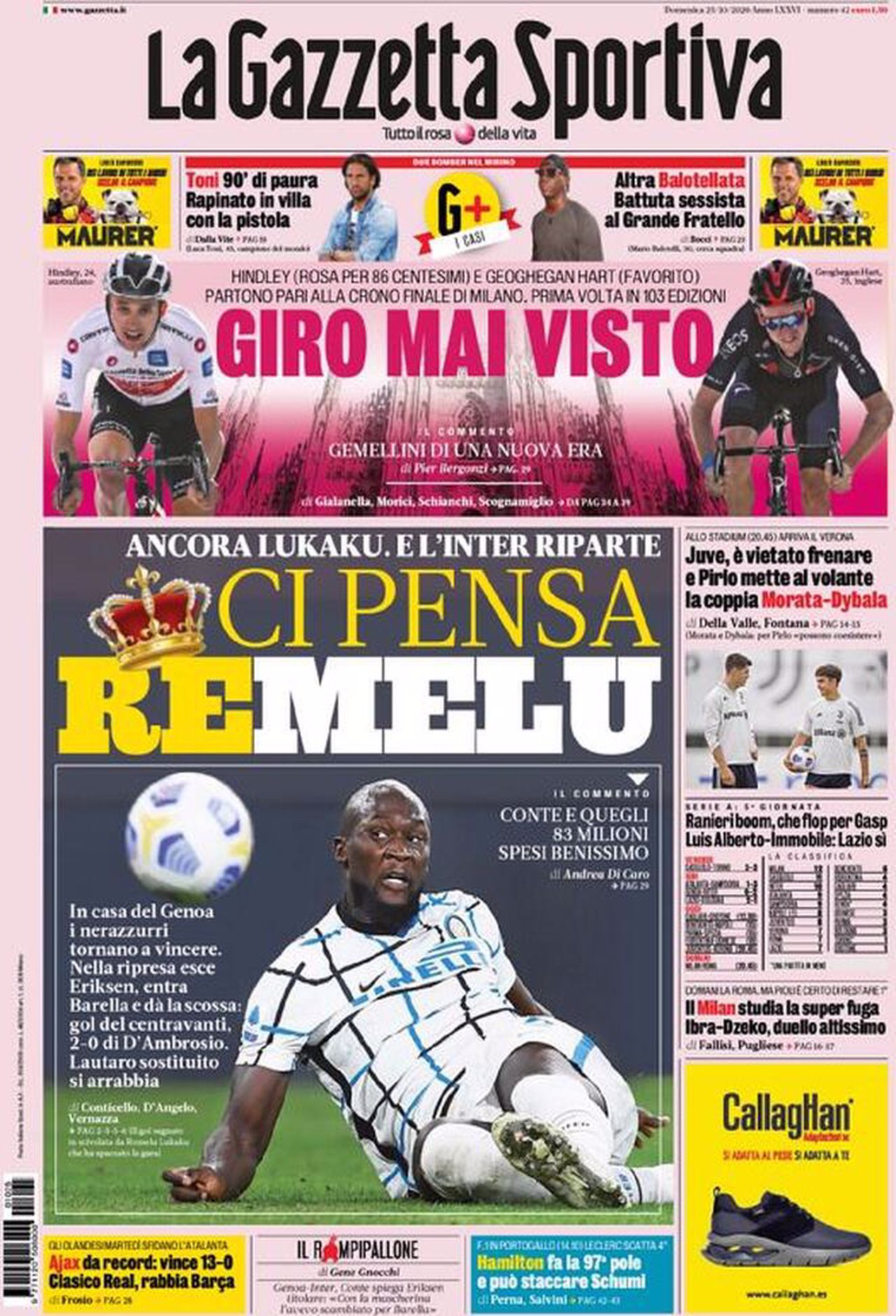 Prima pagina Gazzetta 25-10-2020