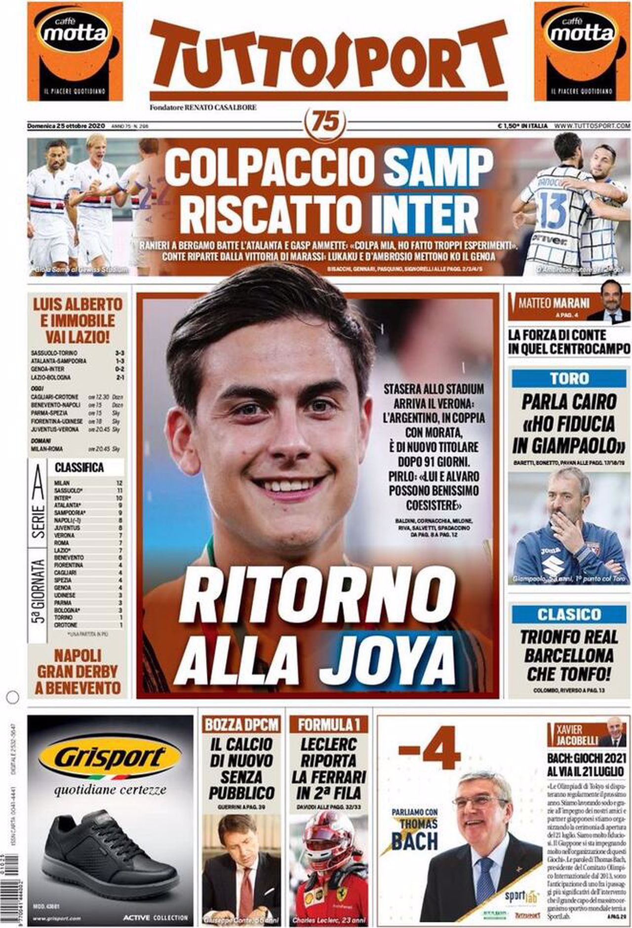 Prima pagina TuttoSport 25-10-2020