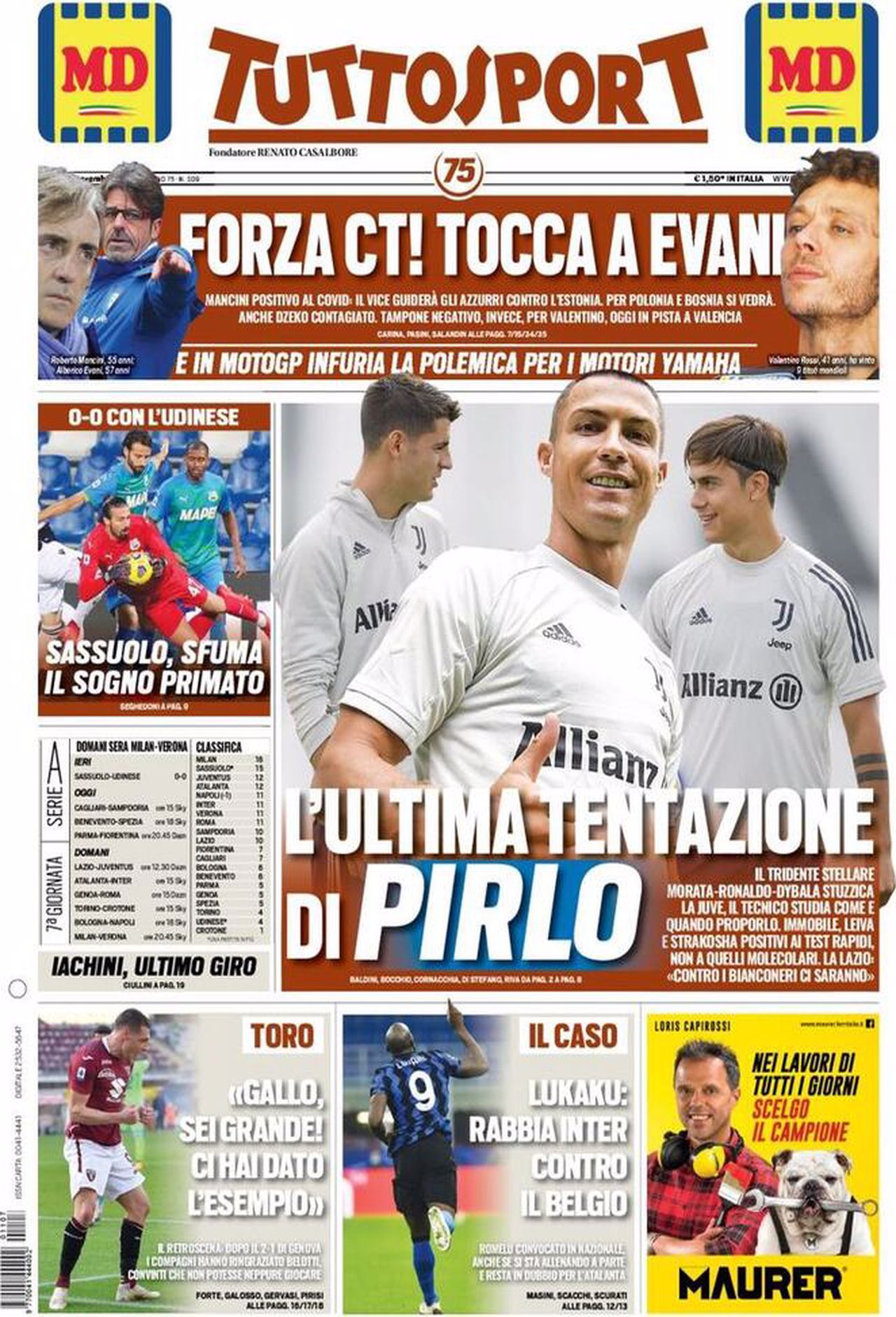 Prima pagina TuttoSport 07-11-2020