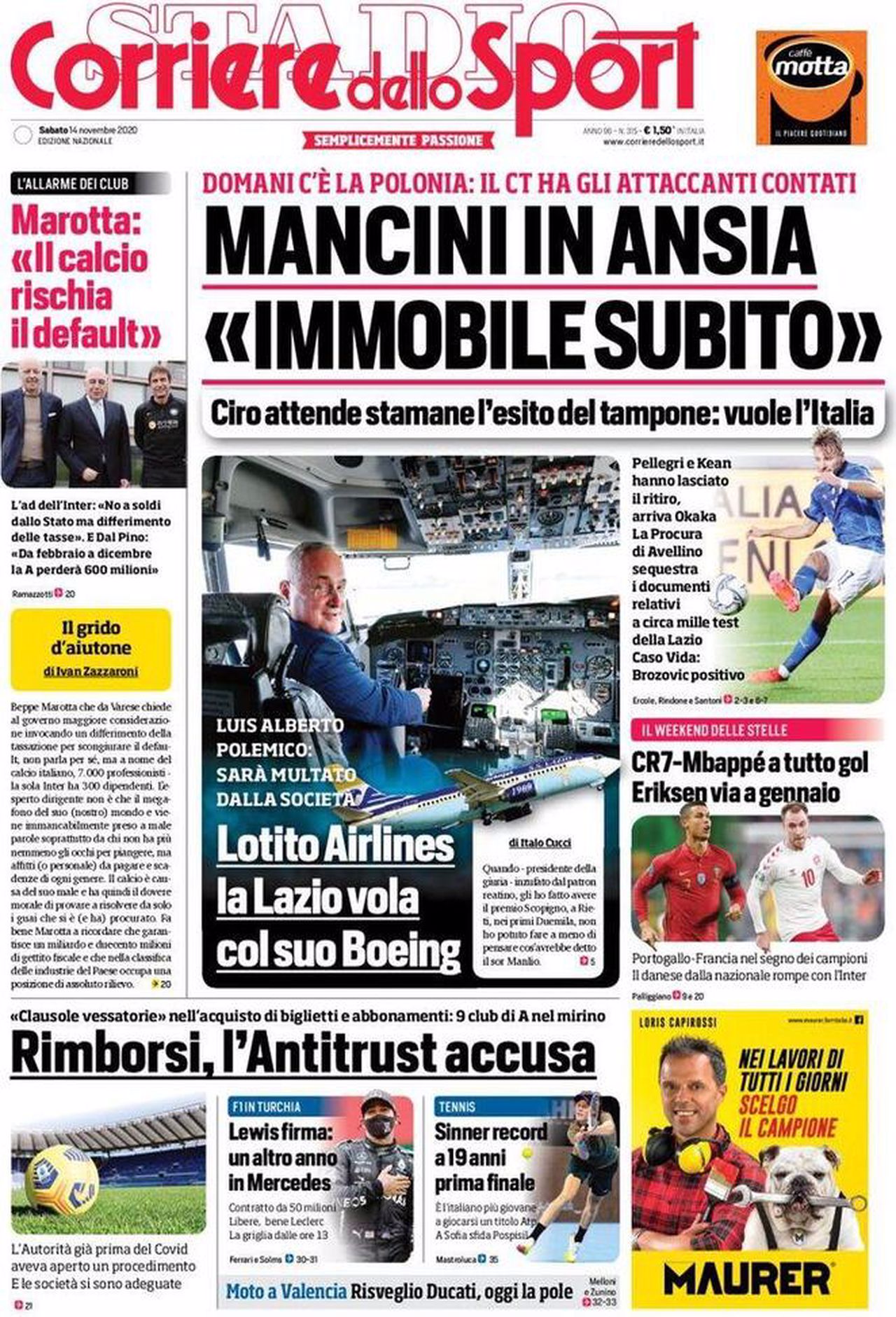 Prima pagina Corriere 14-11-2020