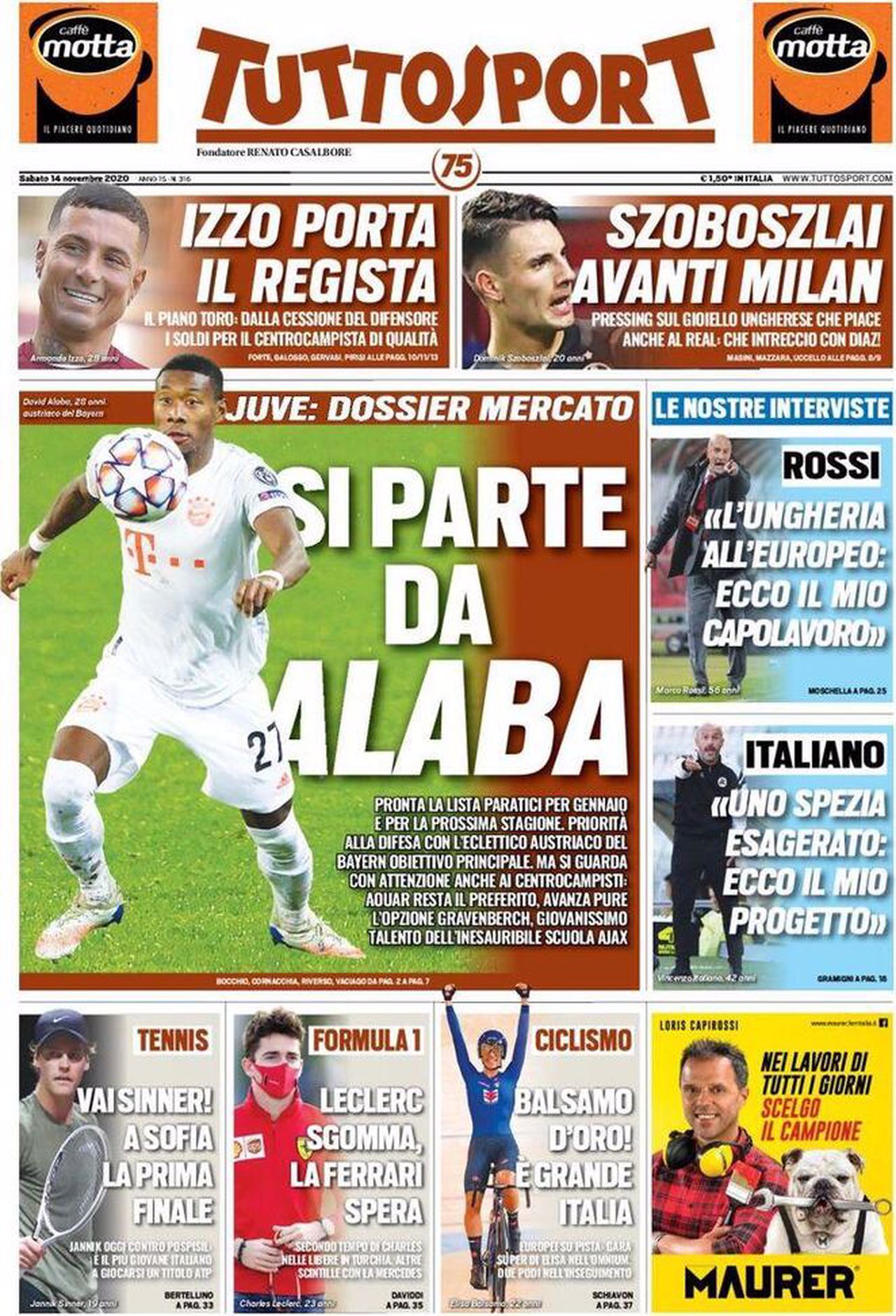 Prima pagina TuttoSport 14-11-2020