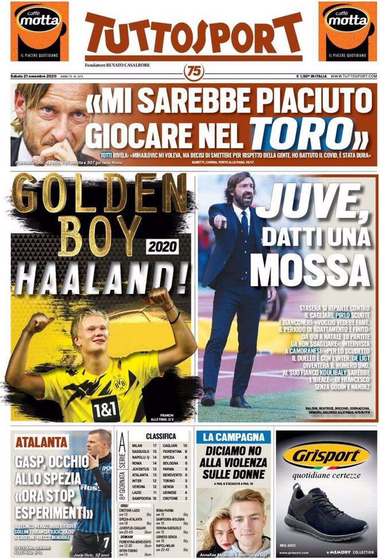 Prima pagina TuttoSport 21-11-20