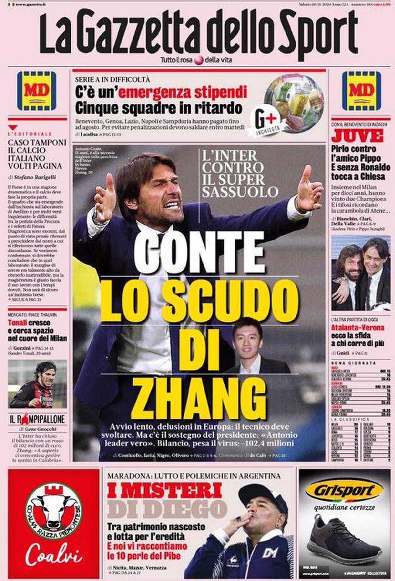 Prima pagina Gazzetta 28-11-2020