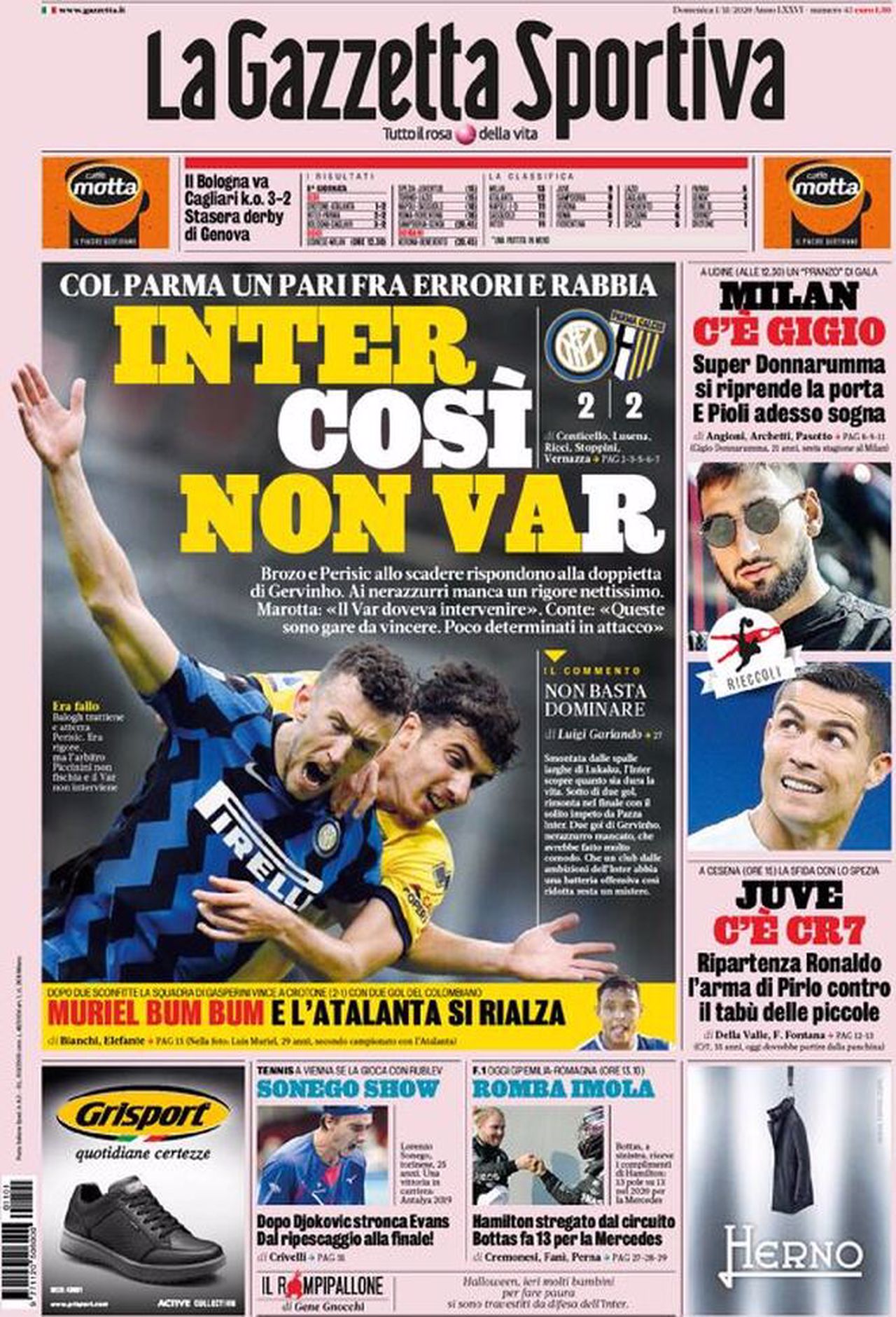 Prima pagina Gazzetta 01-11-2020