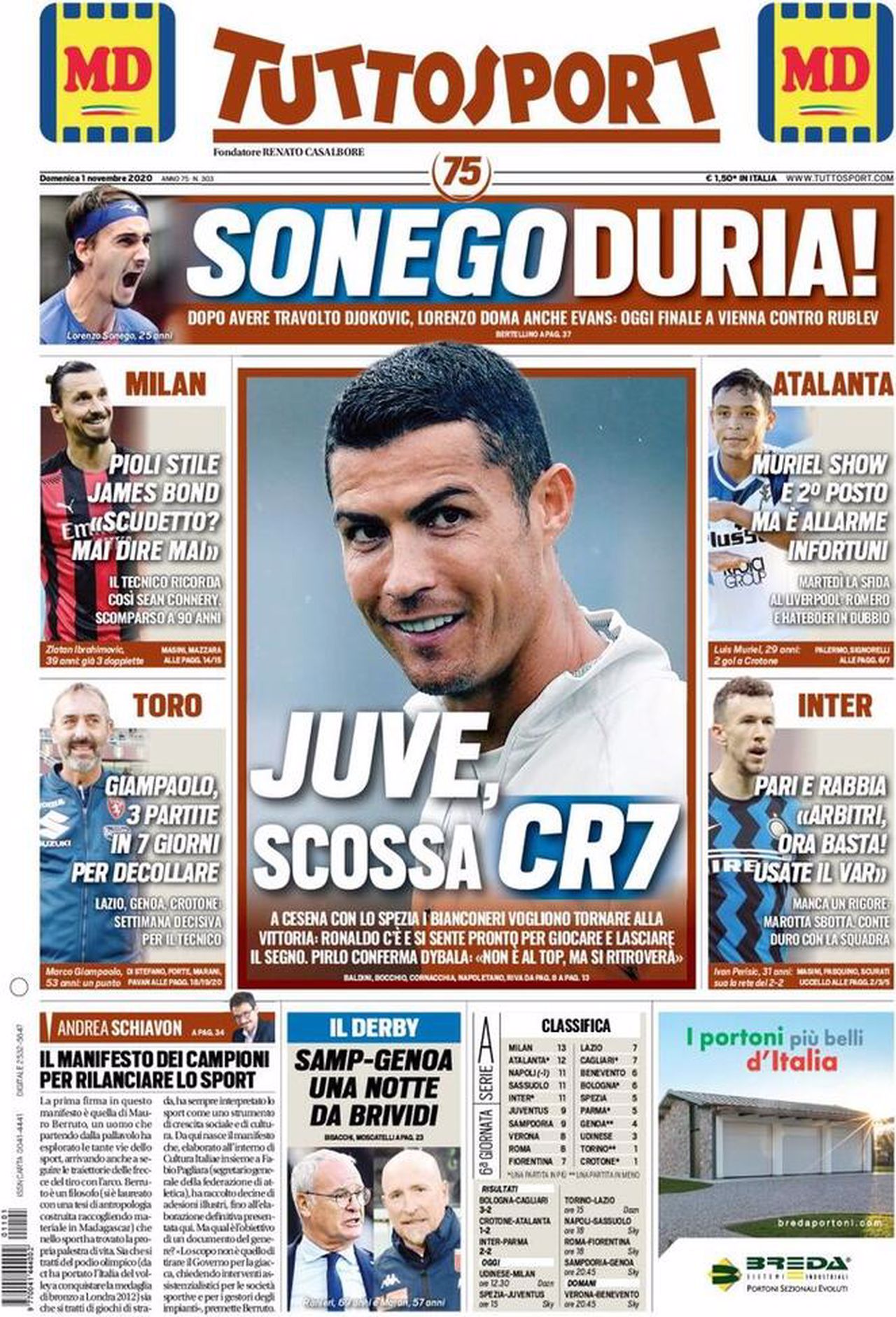 Prima pagina TuttoSport 01-11-2020