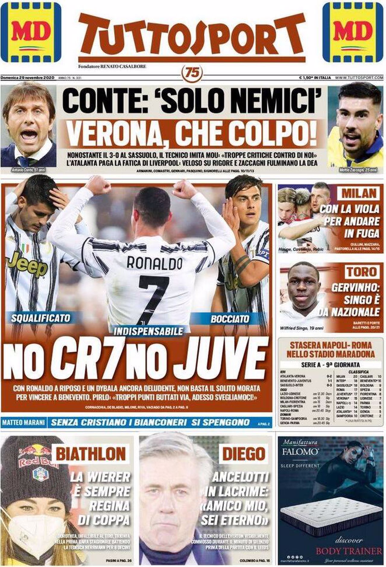 Prima pagina TuttoSport 29-11-2020