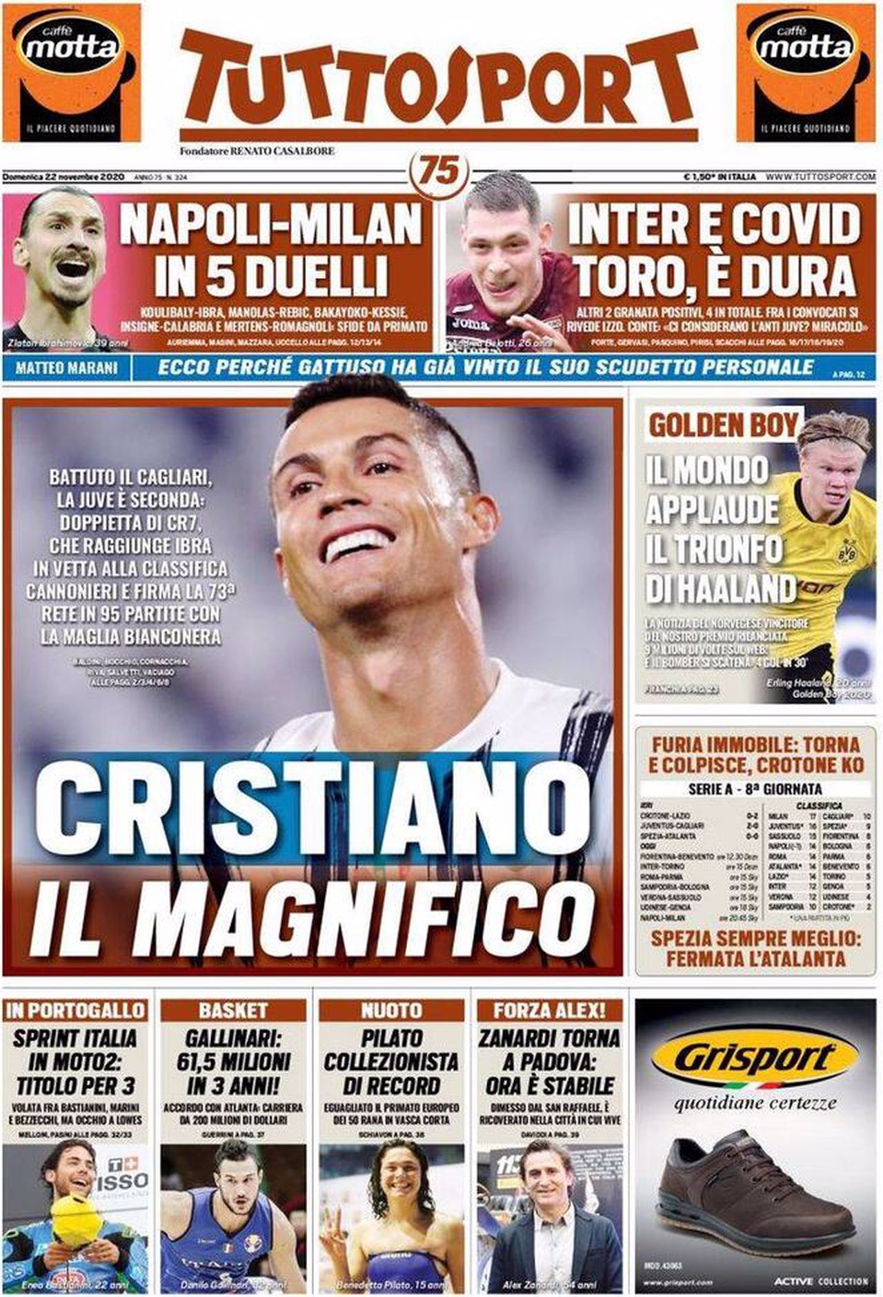 Prima pagina TuttoSport 22-11-2020