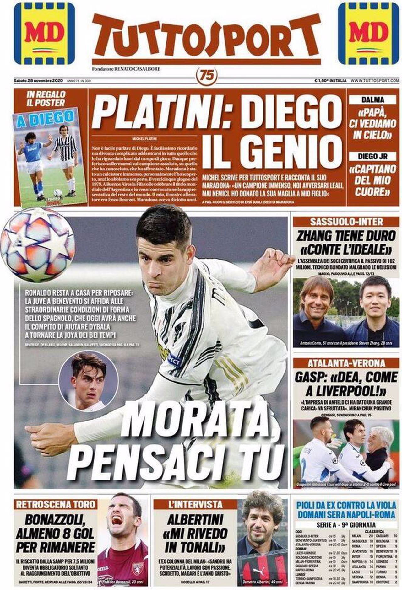 Prima pagina TuttoSport 28-11-2020