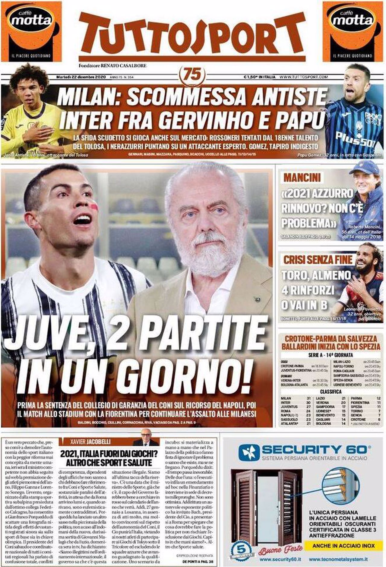 Prima pagina TuttoSport 22-12-2020