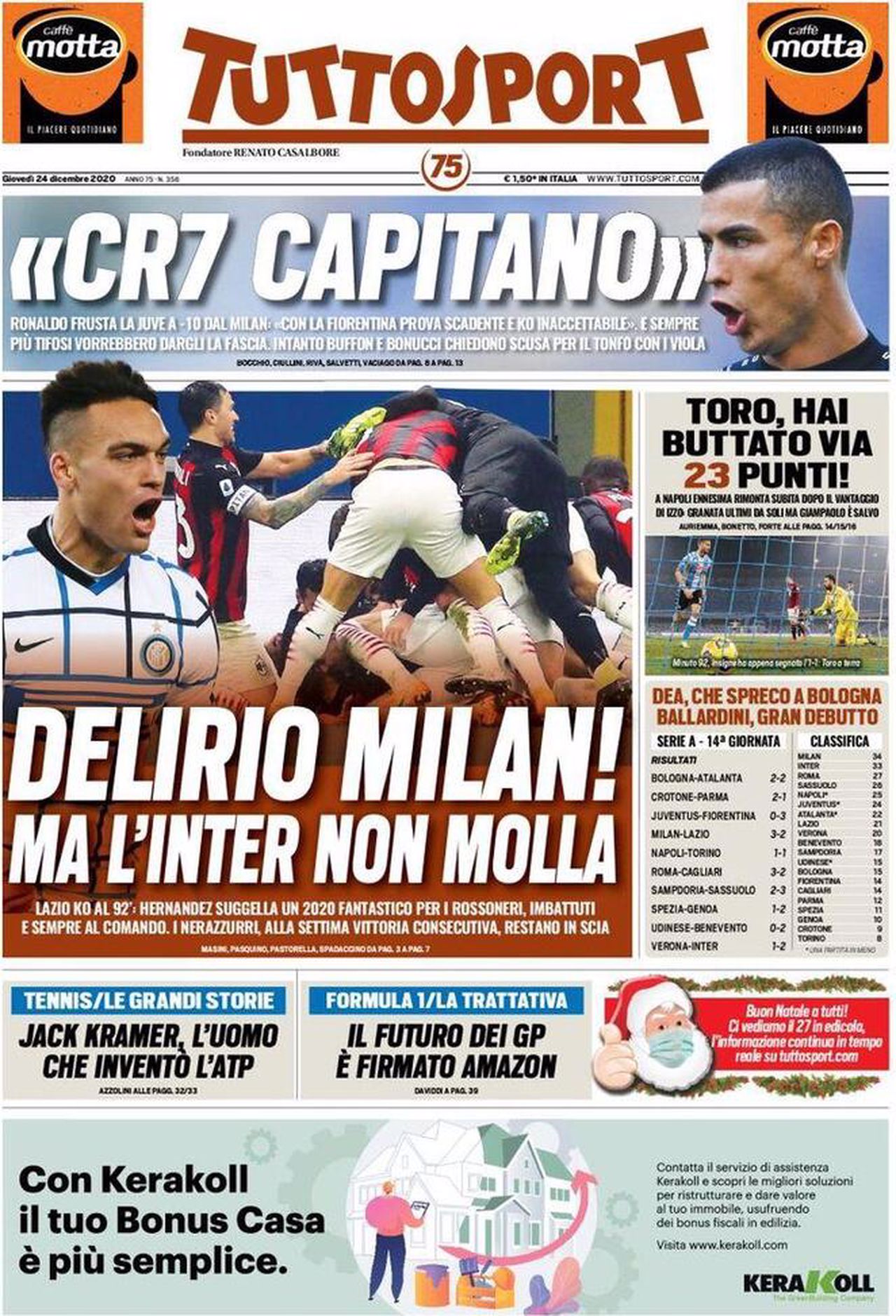 Prima pagina TuttoSport 24-12-2020