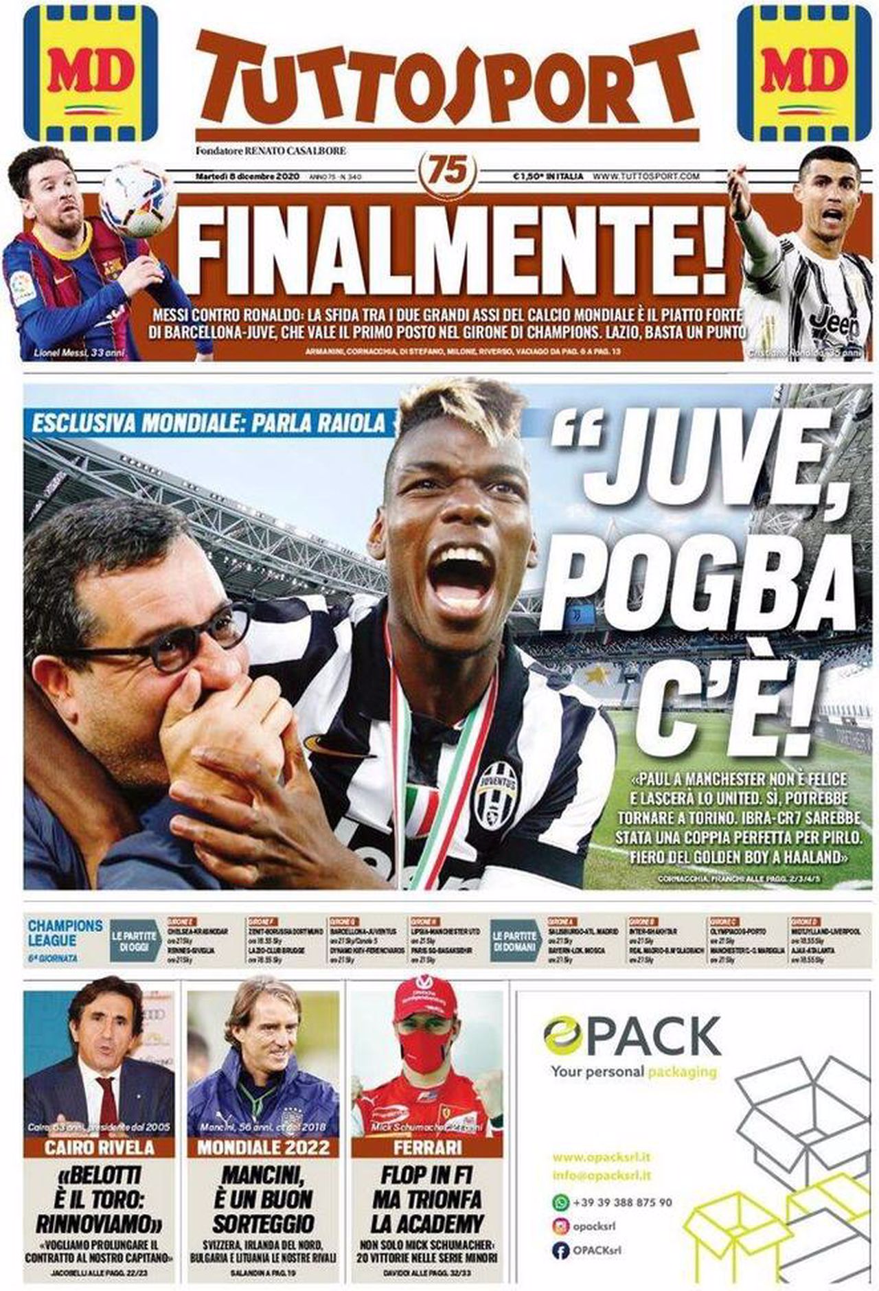 Prima pagina TuttoSport 08-12-2020