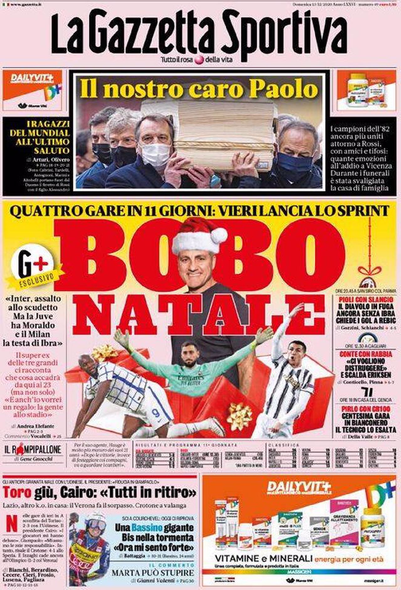 Prima pagina Gazzetta 13-12-2020