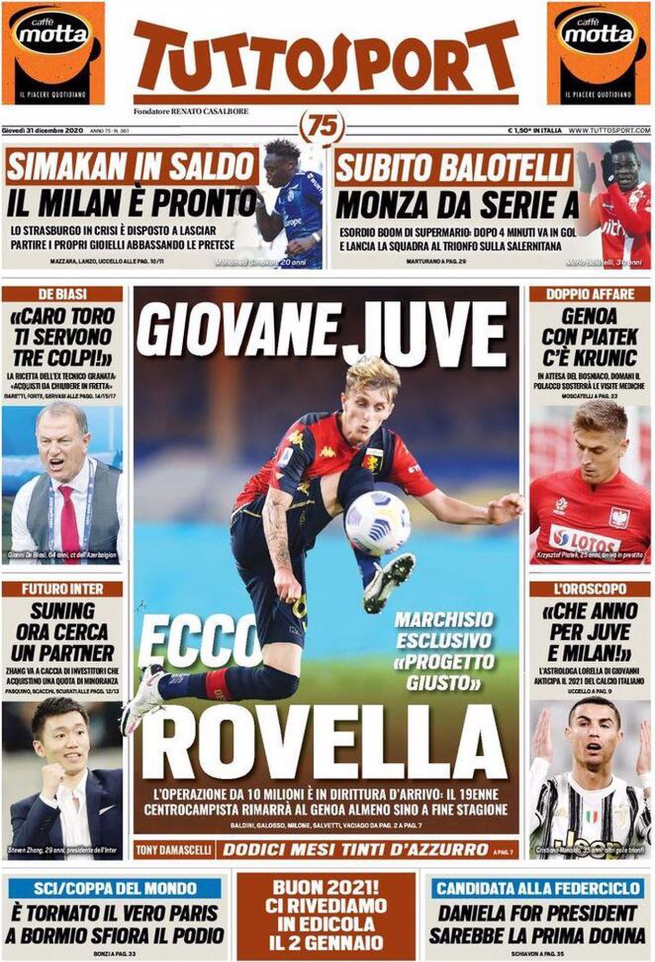 Prima pagina TuttoSport 31-12-2020