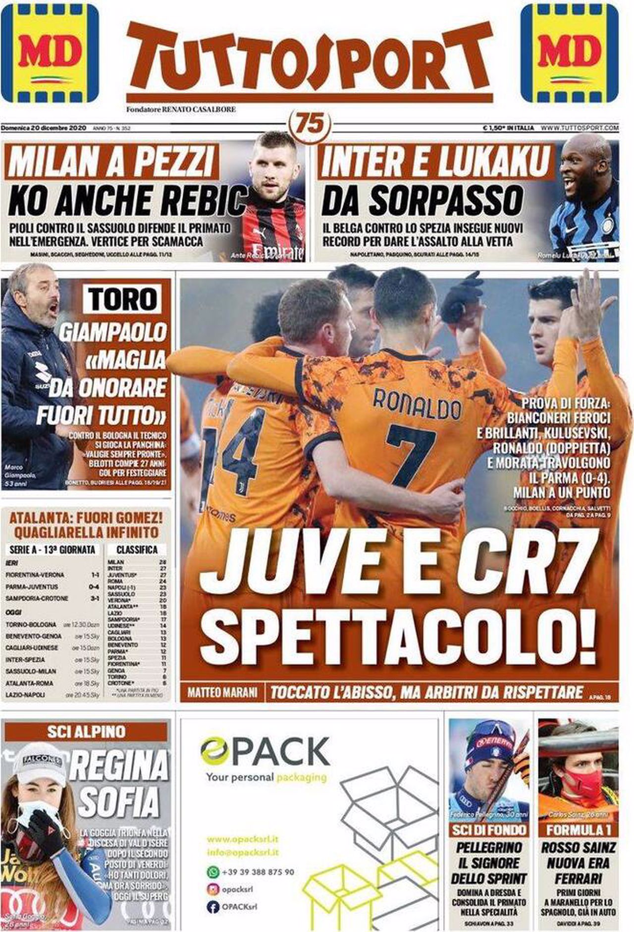 Prima pagina TuttoSport 20-12-2020