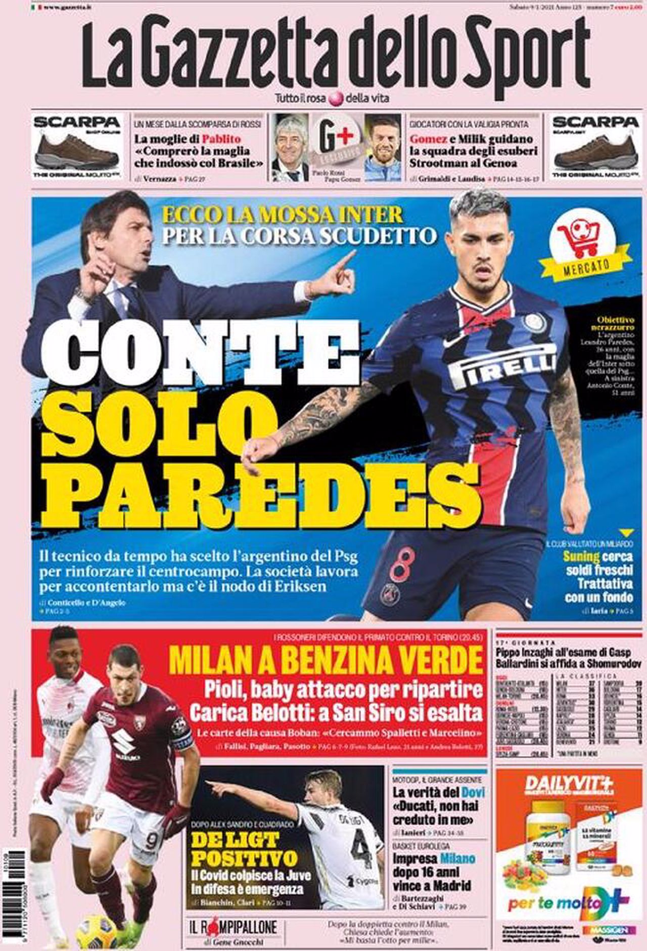 Prima pagina Gazzetta 09-01-2021