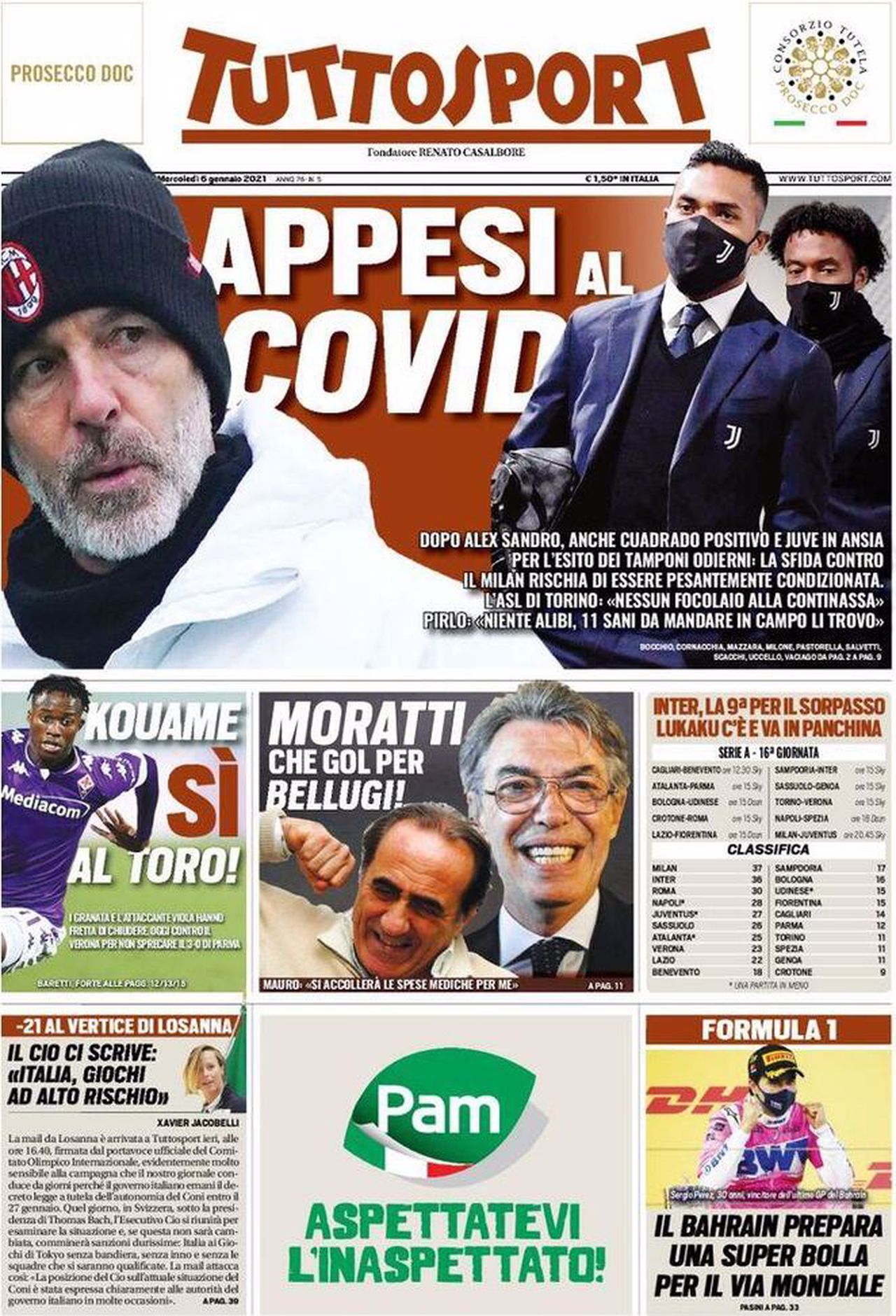 Prima pagina TuttoSport 06-01-2021