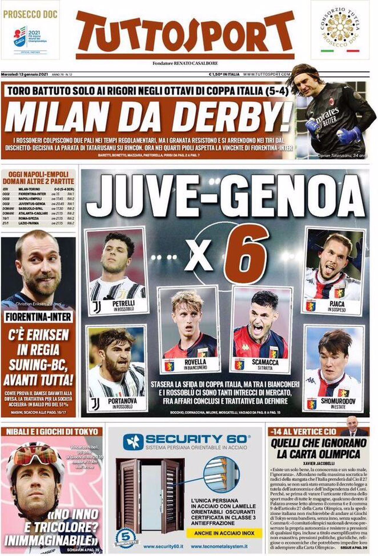 Prima pagina TuttoSport 13-01-2021