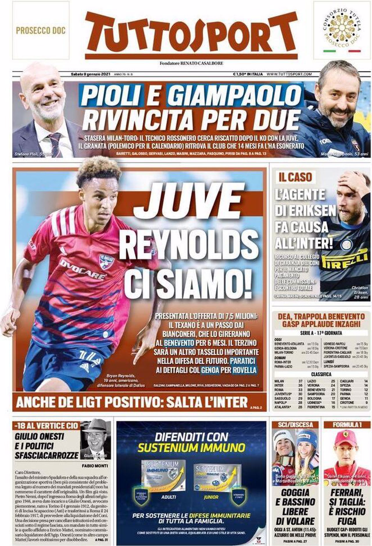 Prima pagina TuttoSport 09-01-2021