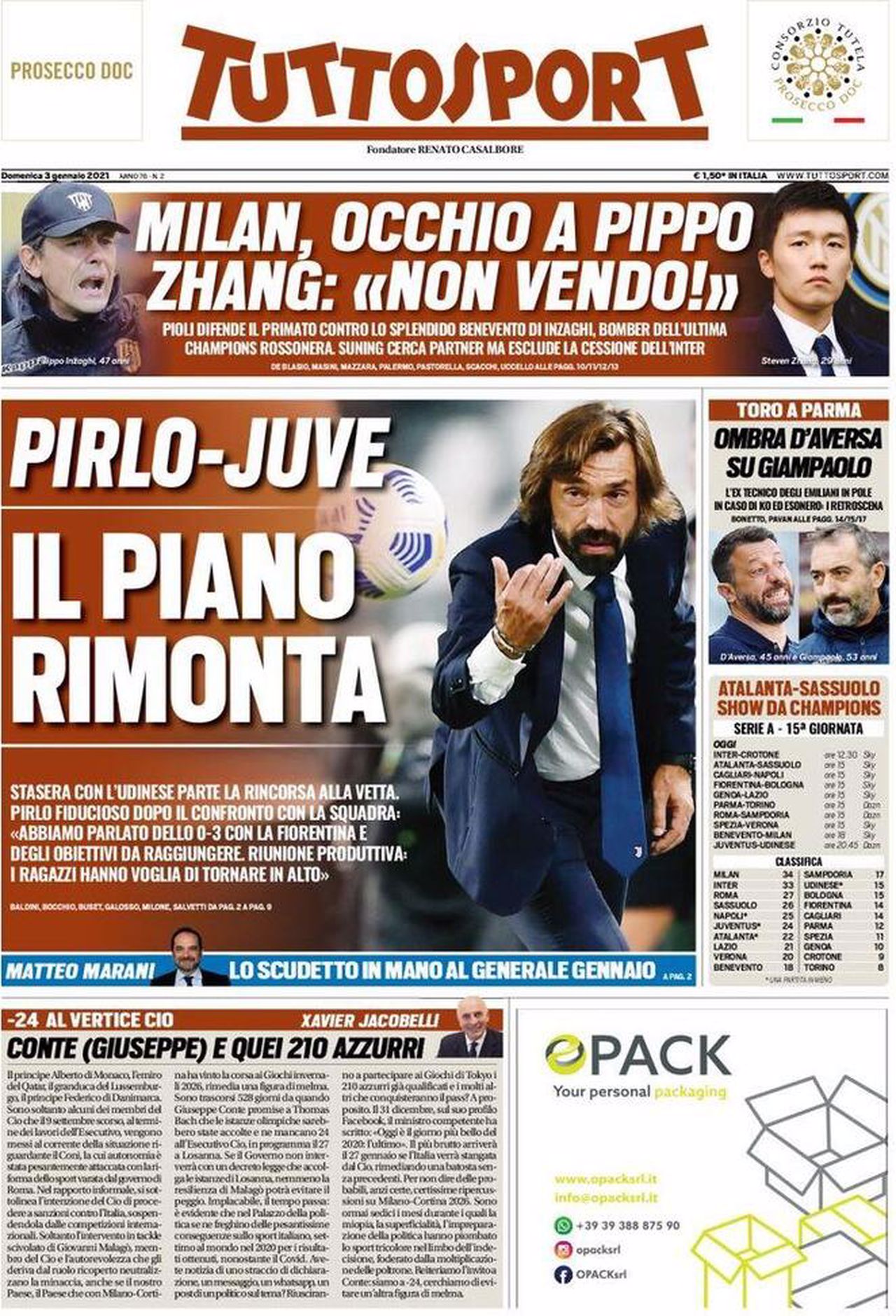 Prima pagina TuttoSport 03-01-2021