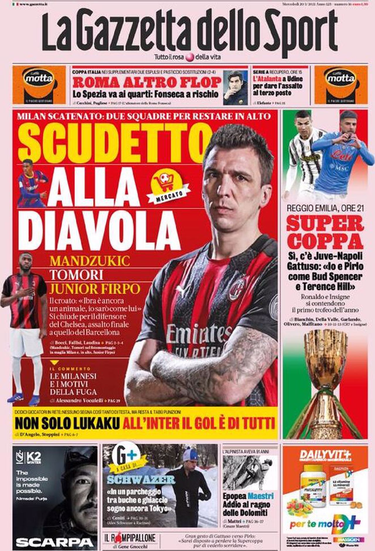 Prima pagina Gazzetta 20-01-2021